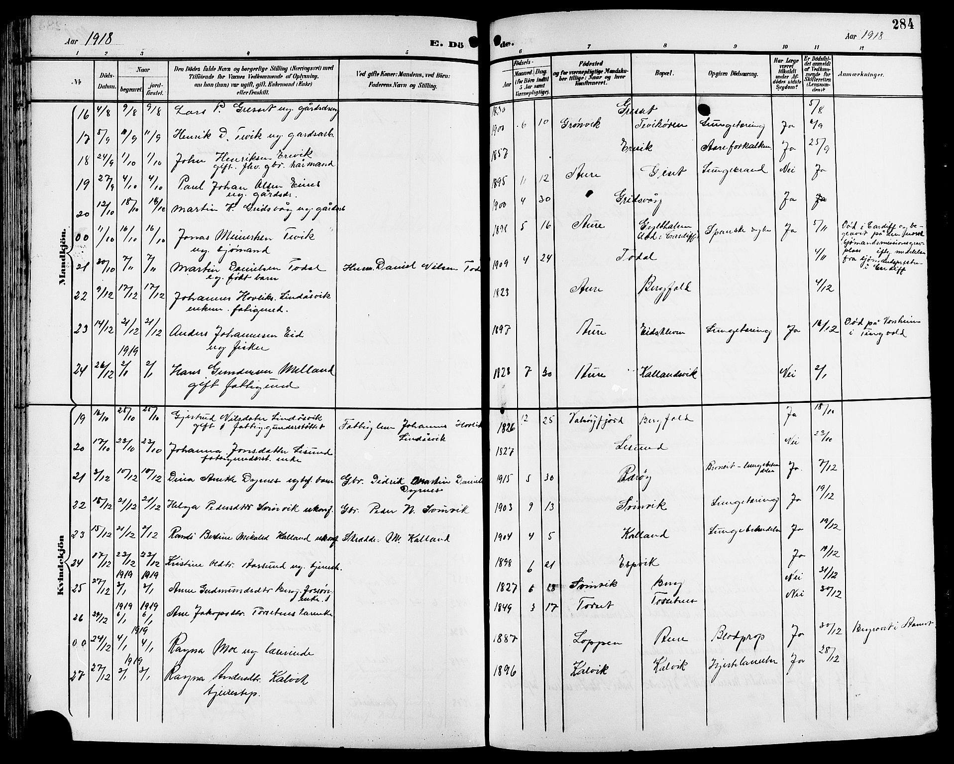 Ministerialprotokoller, klokkerbøker og fødselsregistre - Møre og Romsdal, AV/SAT-A-1454/578/L0910: Parish register (copy) no. 578C03, 1900-1921, p. 284