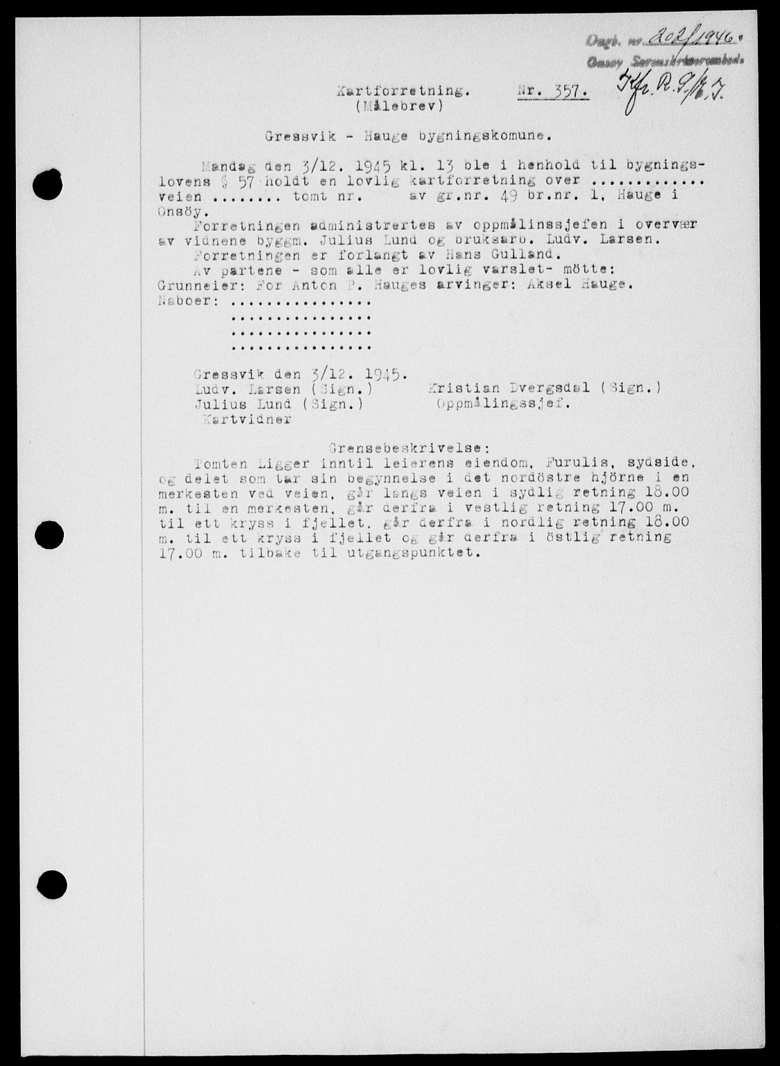 Onsøy sorenskriveri, SAO/A-10474/G/Ga/Gab/L0015: Mortgage book no. II A-15, 1945-1946, Diary no: : 202/1946