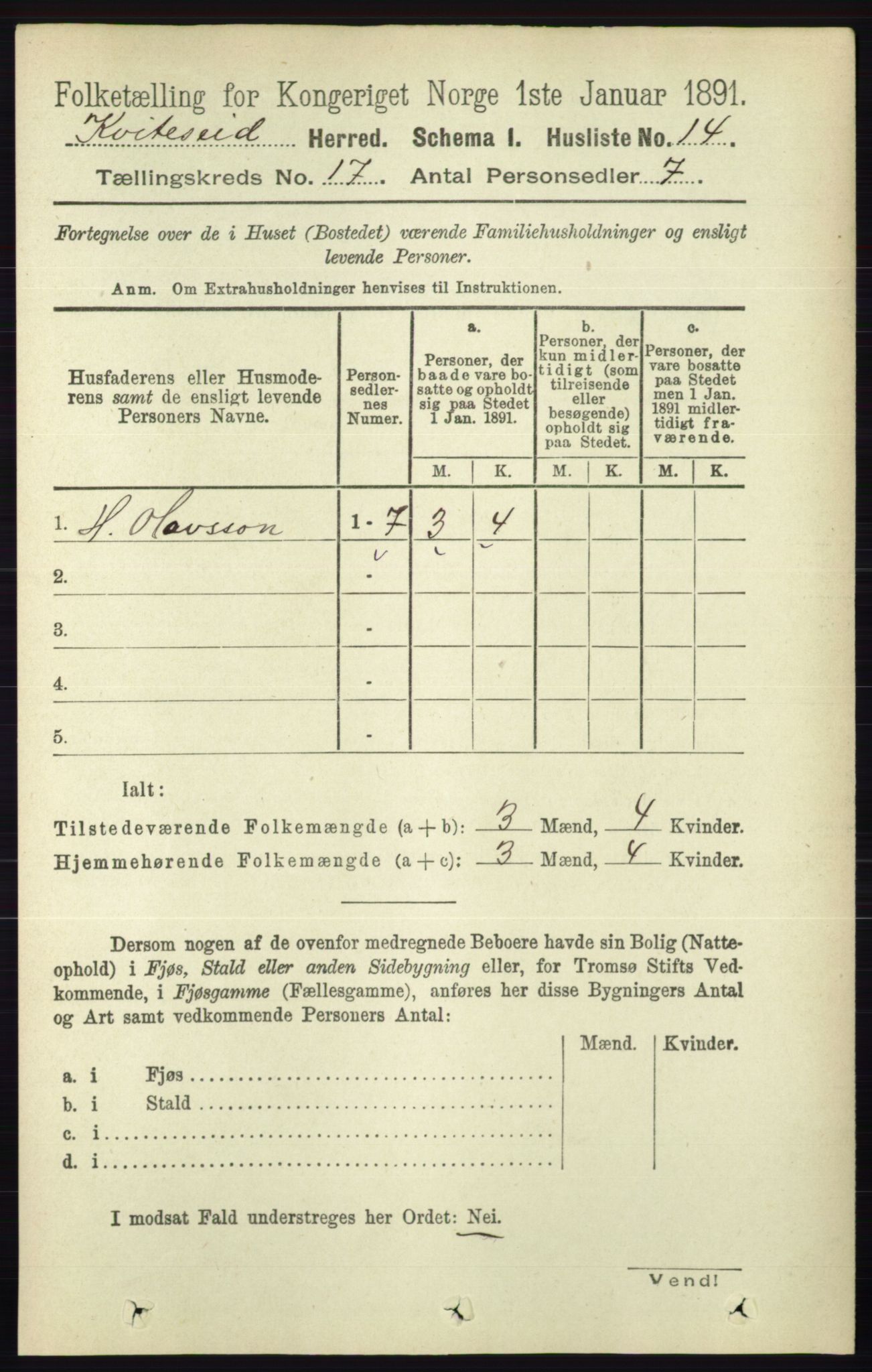 RA, 1891 census for 0829 Kviteseid, 1891, p. 3767