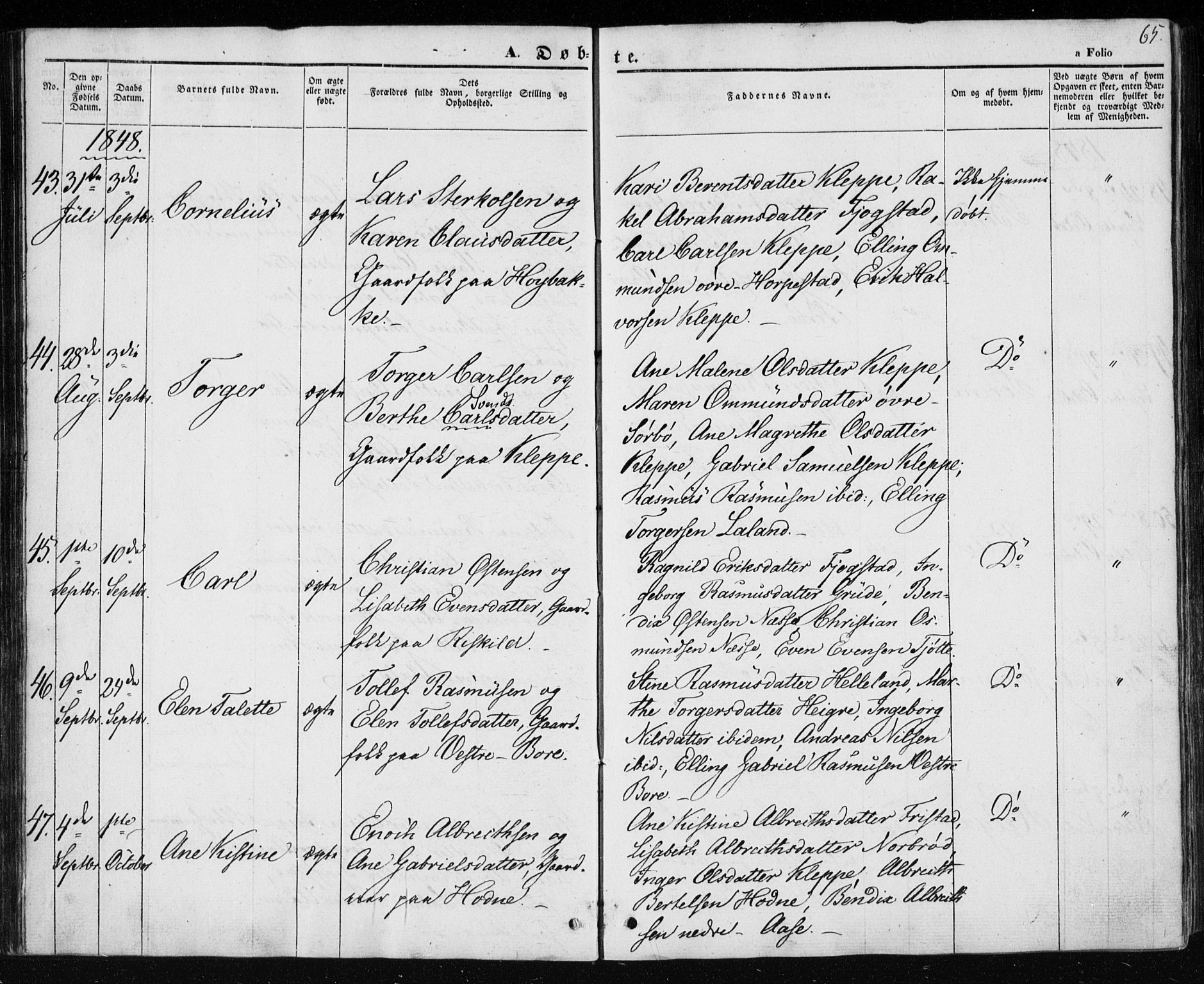Klepp sokneprestkontor, AV/SAST-A-101803/001/3/30BA/L0004: Parish register (official) no. A 4, 1842-1852, p. 65