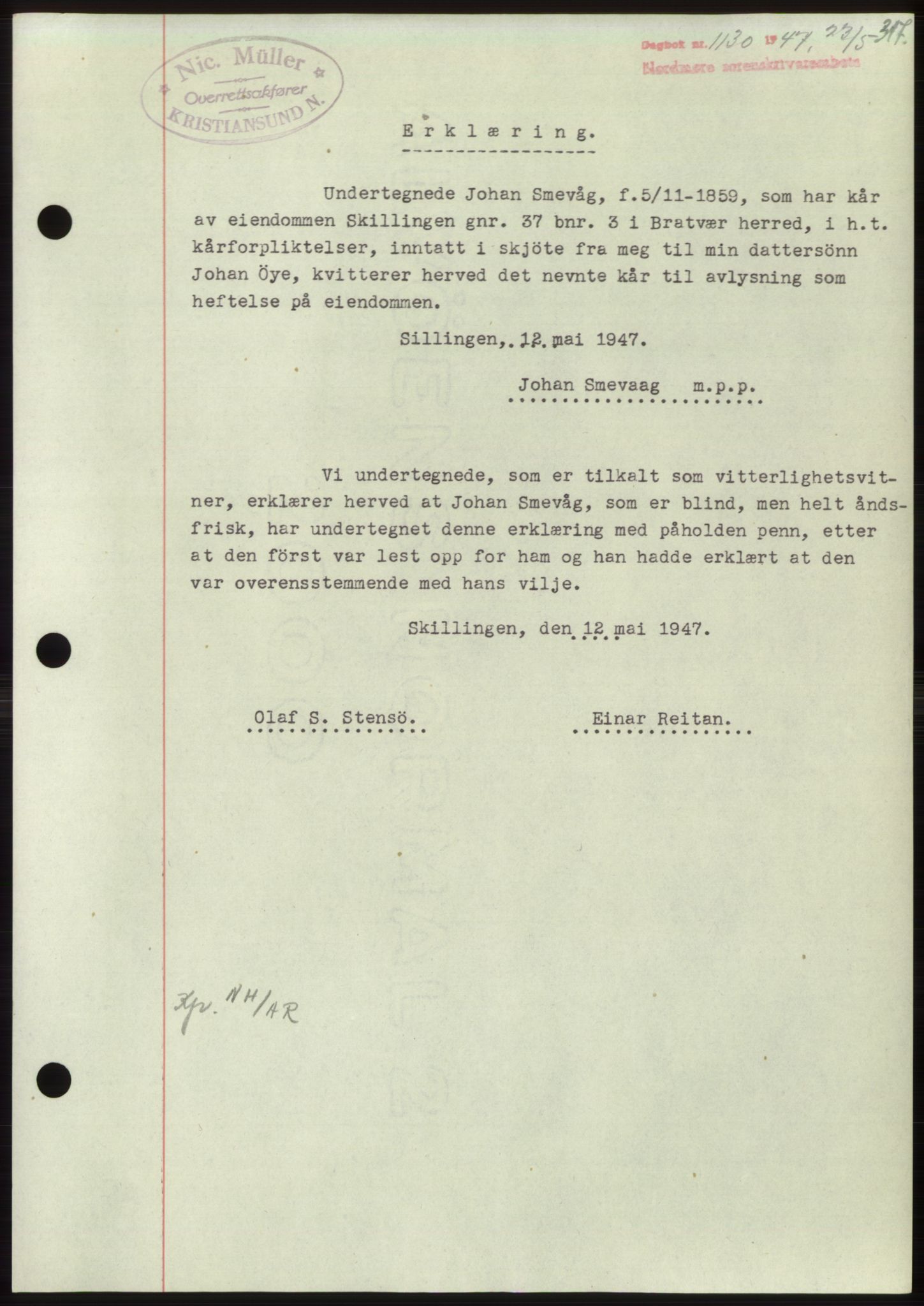 Nordmøre sorenskriveri, AV/SAT-A-4132/1/2/2Ca: Mortgage book no. B96, 1947-1947, Diary no: : 1130/1947