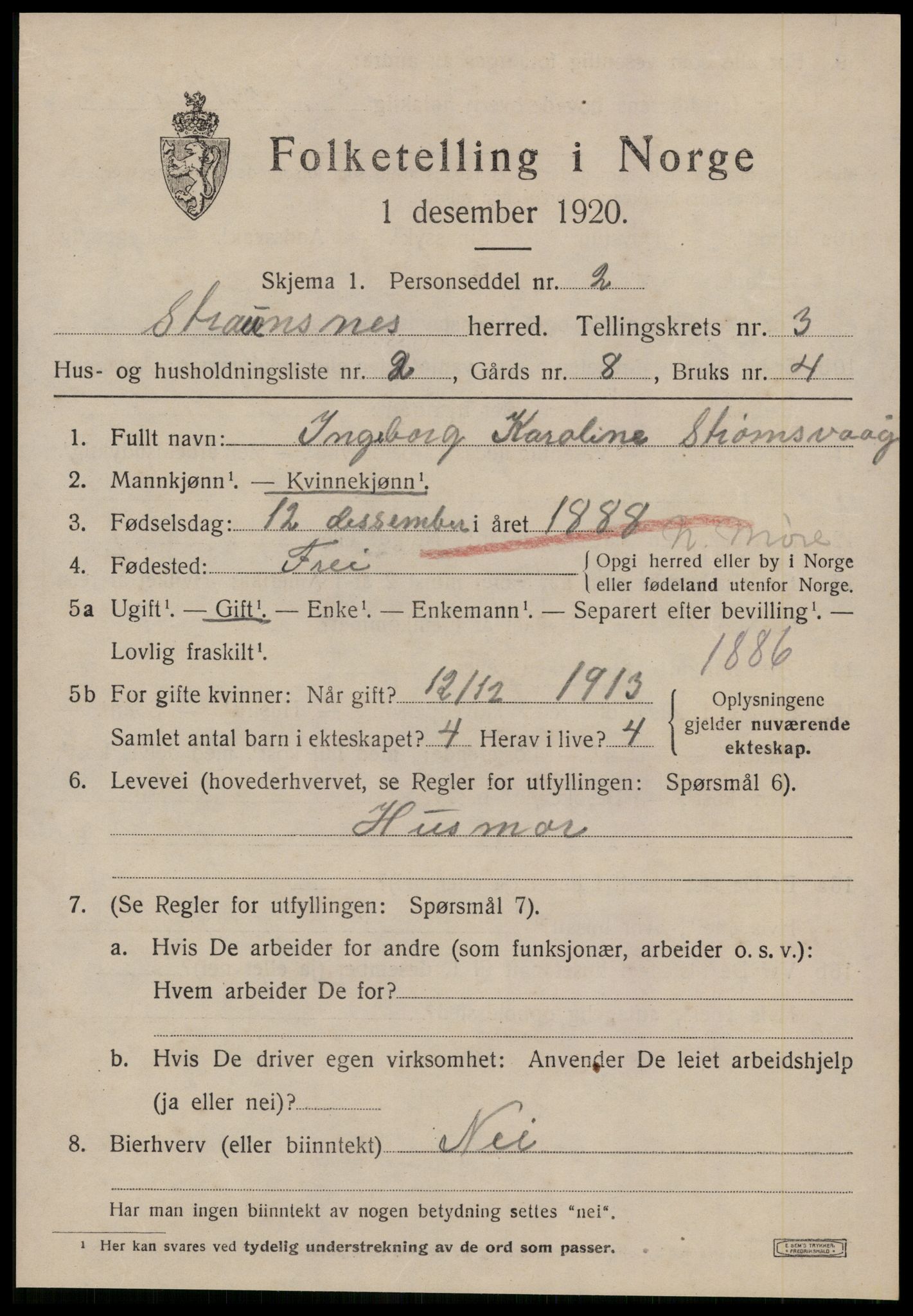 SAT, 1920 census for Straumsnes, 1920, p. 1099