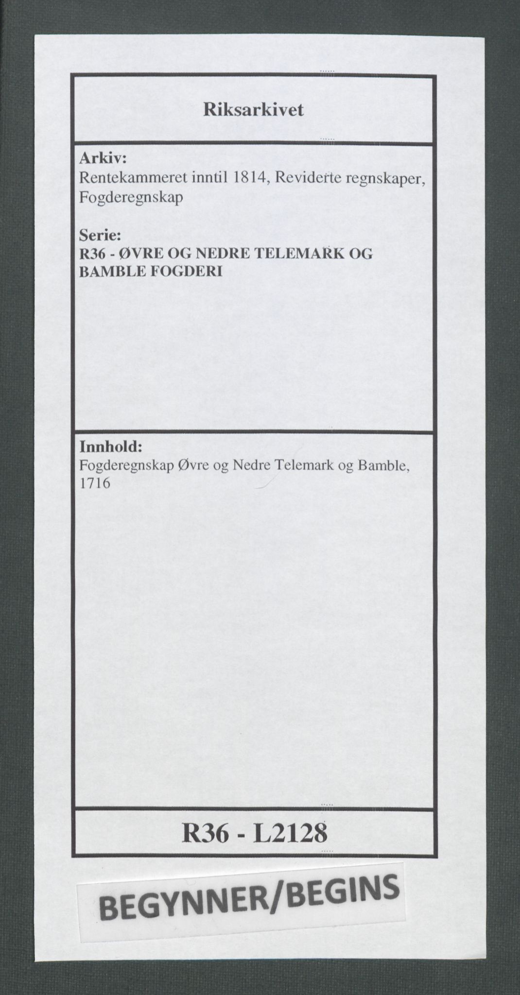 Rentekammeret inntil 1814, Reviderte regnskaper, Fogderegnskap, AV/RA-EA-4092/R36/L2128: Fogderegnskap Øvre og Nedre Telemark og Bamble, 1716, p. 1