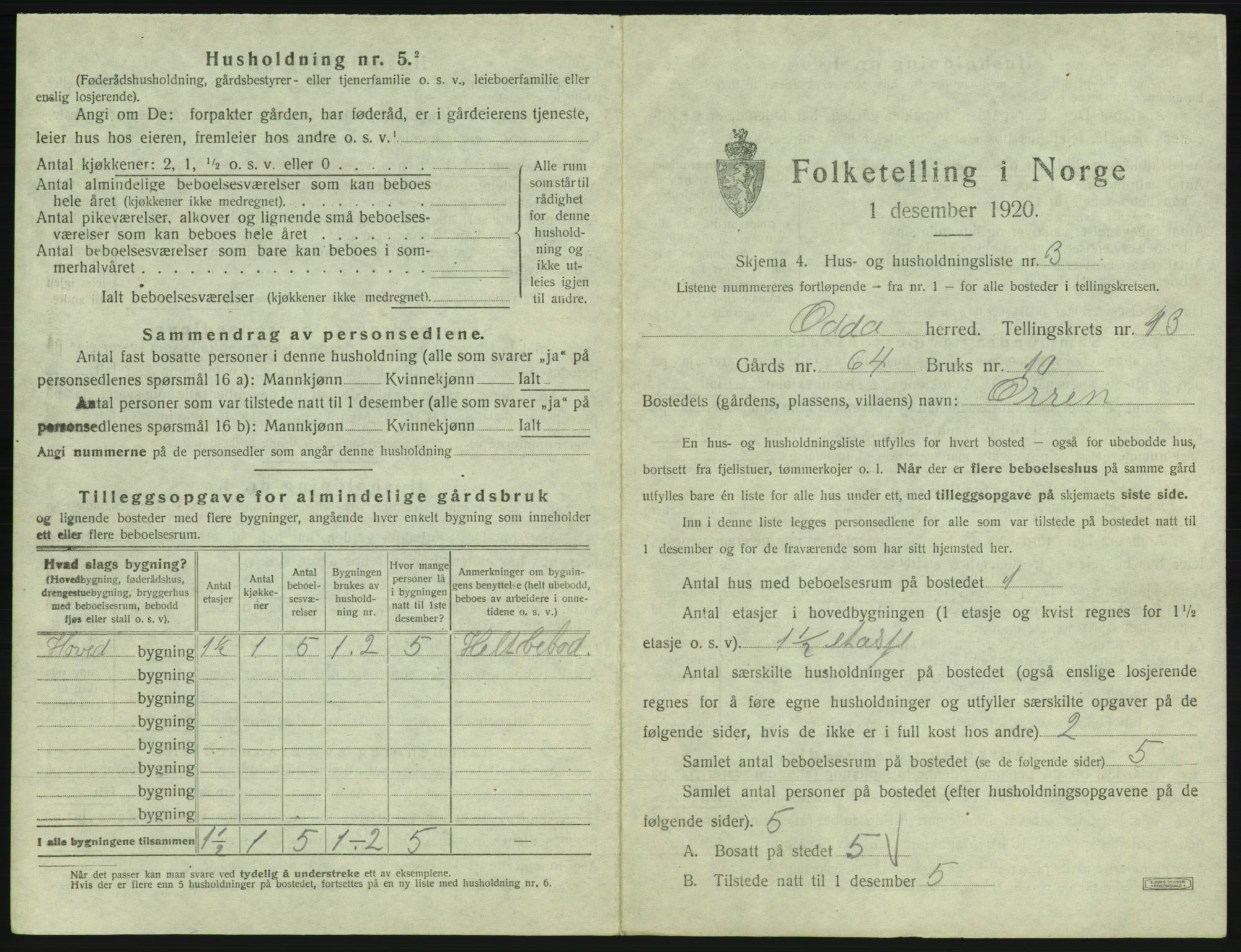 SAB, 1920 census for Odda, 1920, p. 1137