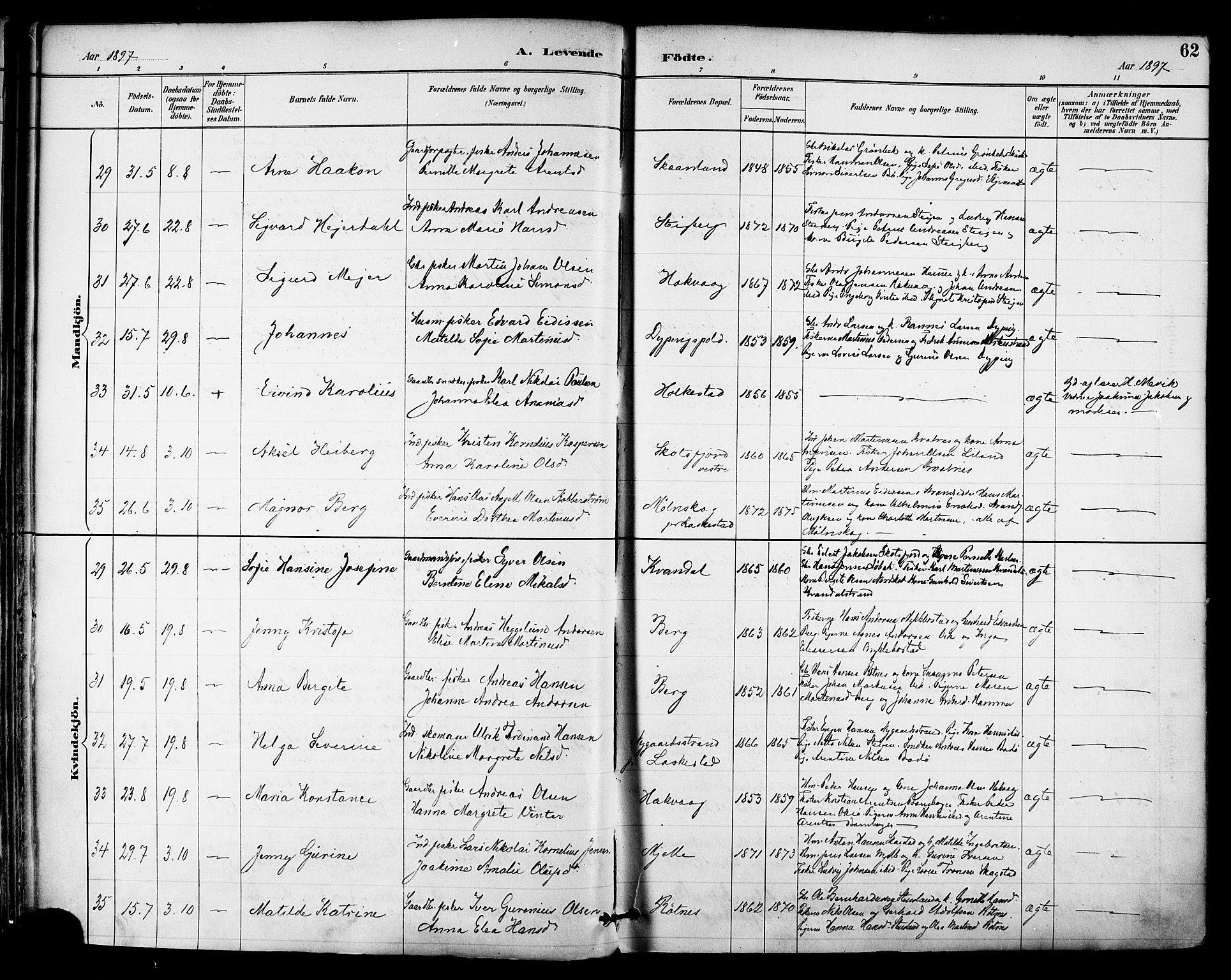 Ministerialprotokoller, klokkerbøker og fødselsregistre - Nordland, AV/SAT-A-1459/855/L0803: Parish register (official) no. 855A11, 1887-1905, p. 62