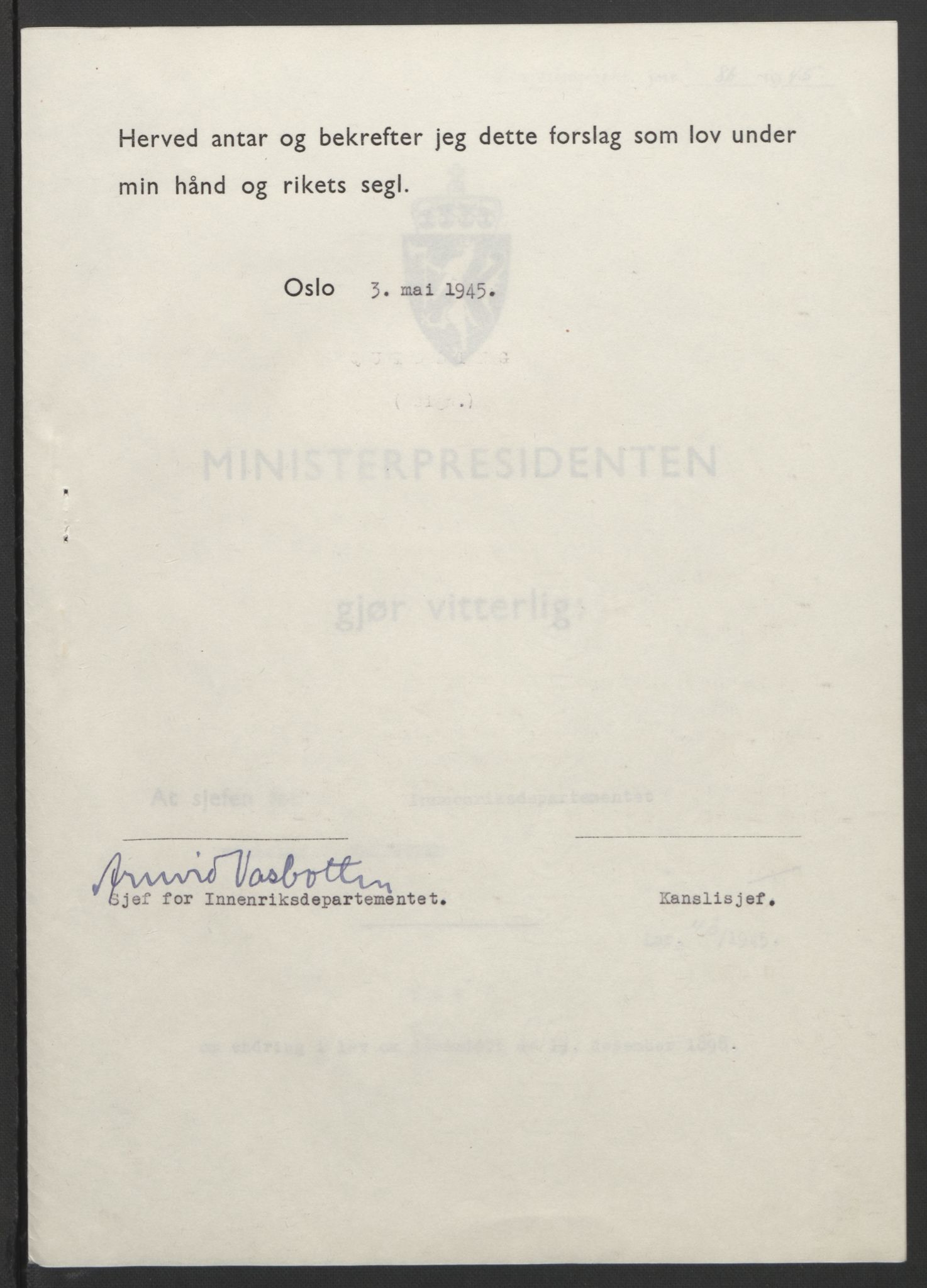 NS-administrasjonen 1940-1945 (Statsrådsekretariatet, de kommisariske statsråder mm), RA/S-4279/D/Db/L0101/0001: -- / Lover og vedtak, 1945, p. 177