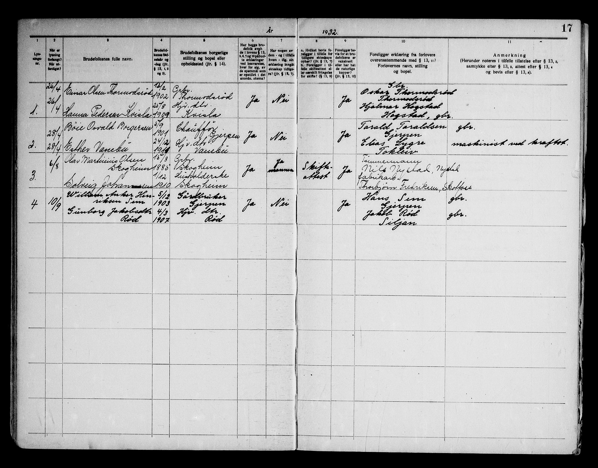 Siljan kirkebøker, AV/SAKO-A-300/H/Ha/L0001: Banns register no. 1, 1919-1975, p. 17