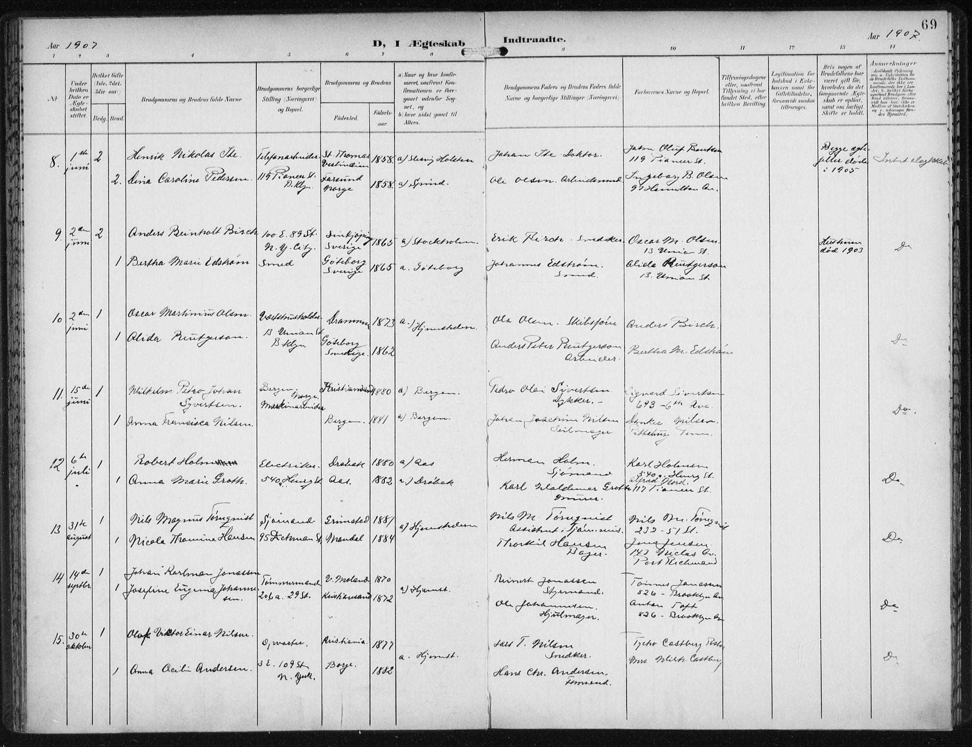Den norske sjømannsmisjon i utlandet/New York, SAB/SAB/PA-0110/H/Ha/L0005: Parish register (official) no. A 5, 1902-1908, p. 69