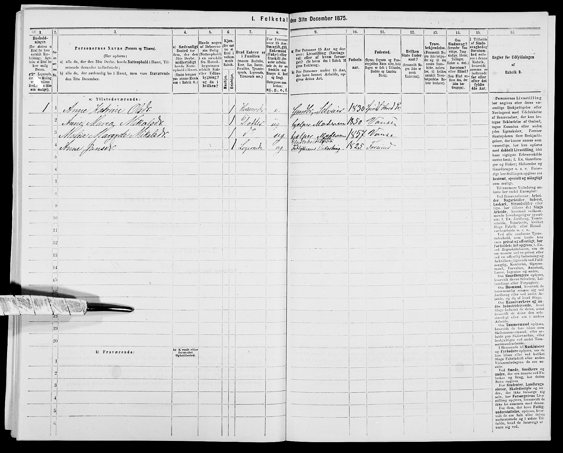 SAK, 1875 census for 1041L Vanse/Vanse og Farsund, 1875, p. 2471