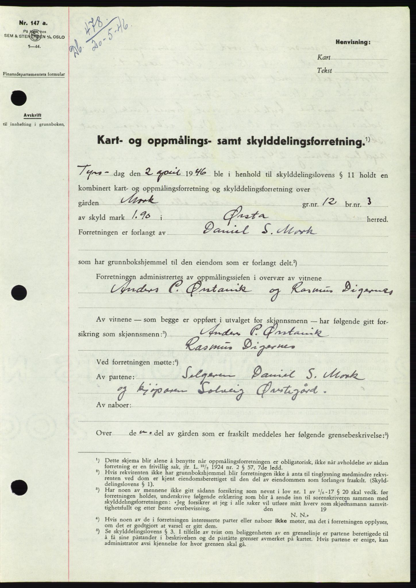 Søre Sunnmøre sorenskriveri, AV/SAT-A-4122/1/2/2C/L0078: Mortgage book no. 4A, 1946-1946, Diary no: : 478/1946