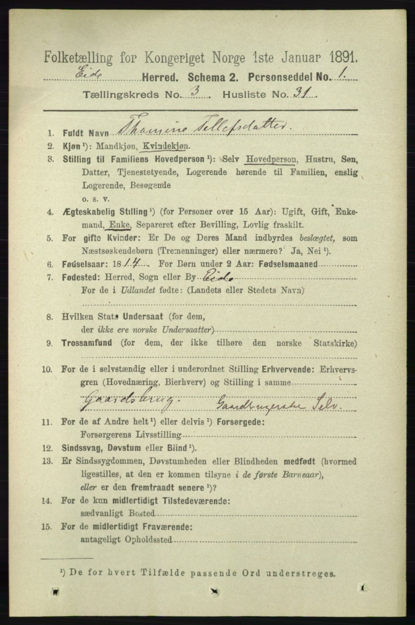 RA, 1891 census for 0925 Eide, 1891, p. 882