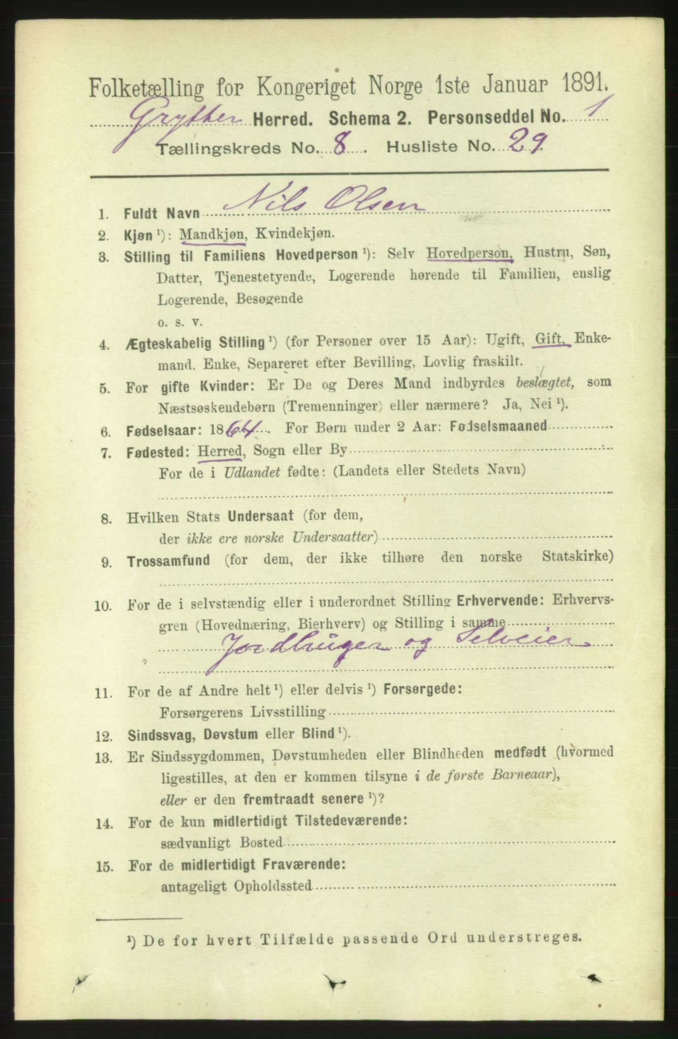 RA, 1891 census for 1539 Grytten, 1891, p. 3316