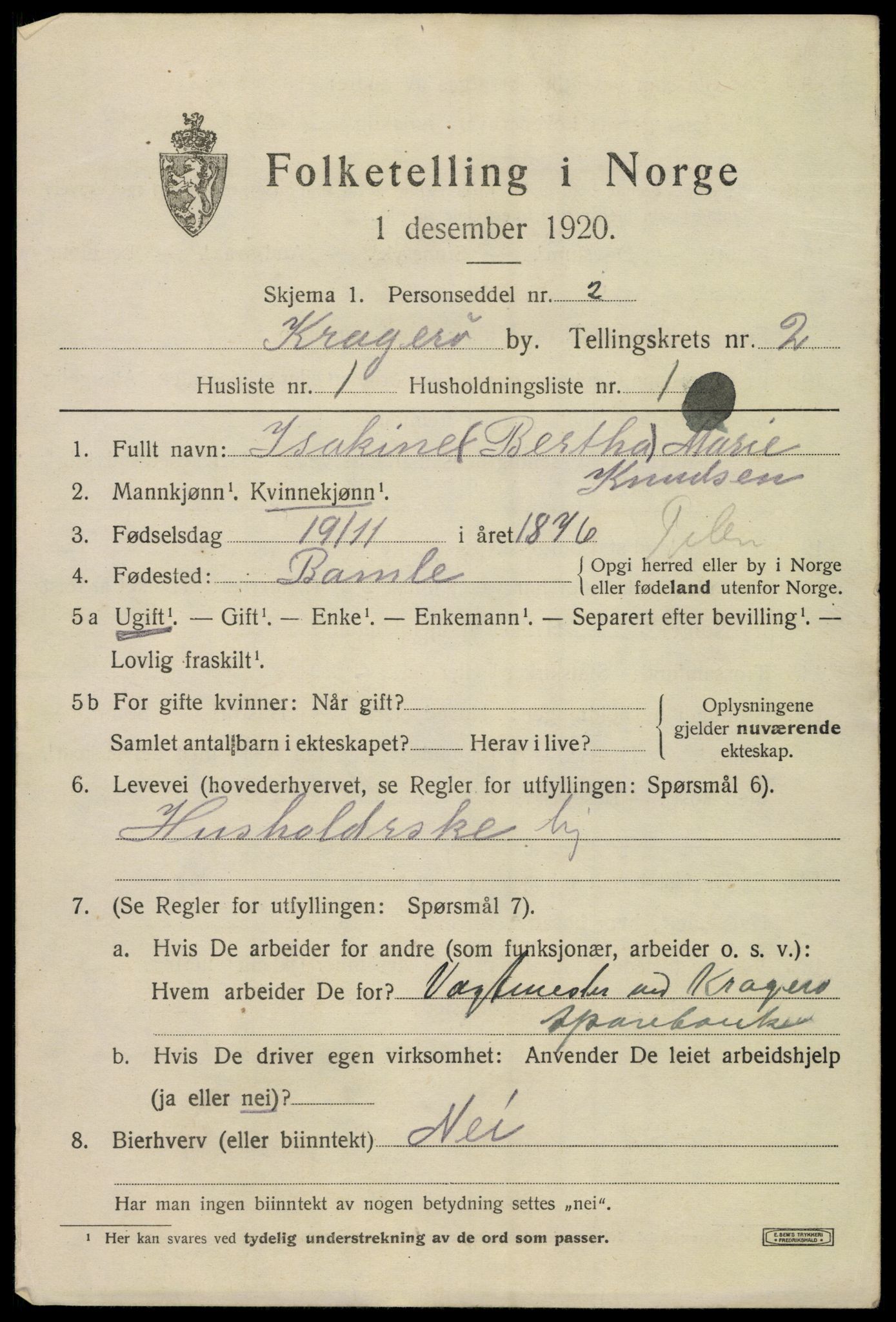 SAKO, 1920 census for Kragerø, 1920, p. 5355