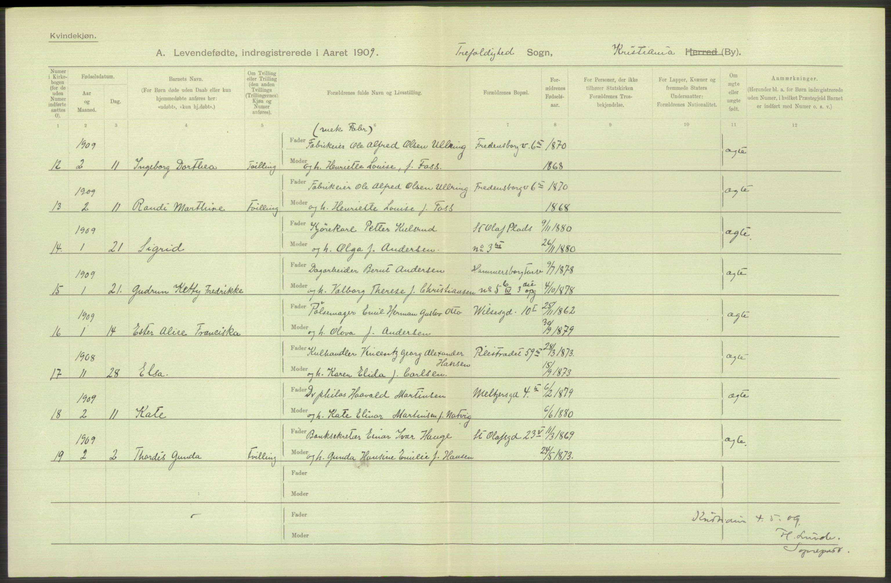 Statistisk sentralbyrå, Sosiodemografiske emner, Befolkning, RA/S-2228/D/Df/Dfa/Dfag/L0007: Kristiania: Levendefødte menn og kvinner., 1909, p. 768