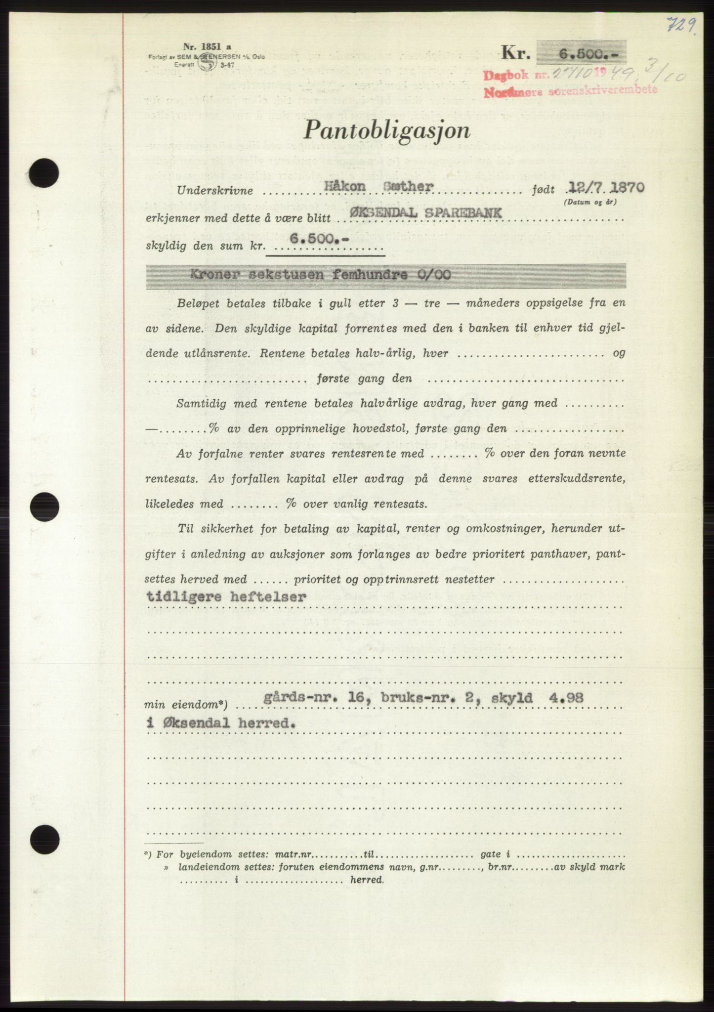 Nordmøre sorenskriveri, AV/SAT-A-4132/1/2/2Ca: Mortgage book no. B102, 1949-1949, Diary no: : 2710/1949