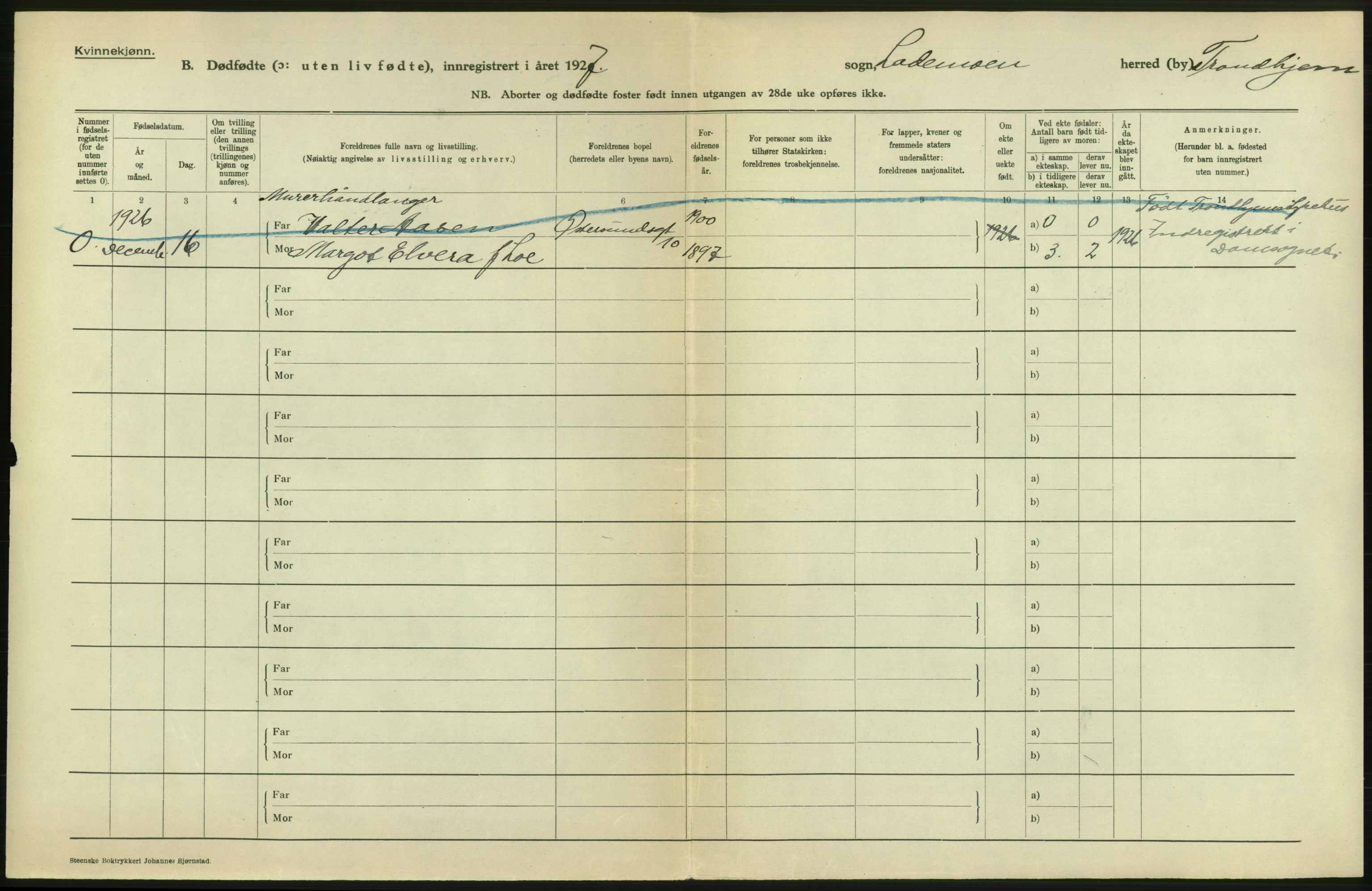 Statistisk sentralbyrå, Sosiodemografiske emner, Befolkning, AV/RA-S-2228/D/Df/Dfc/Dfcg/L0037: Trondheim: Levendefødte menn og kvinner, gifte, døde, dødfødte., 1927, p. 556