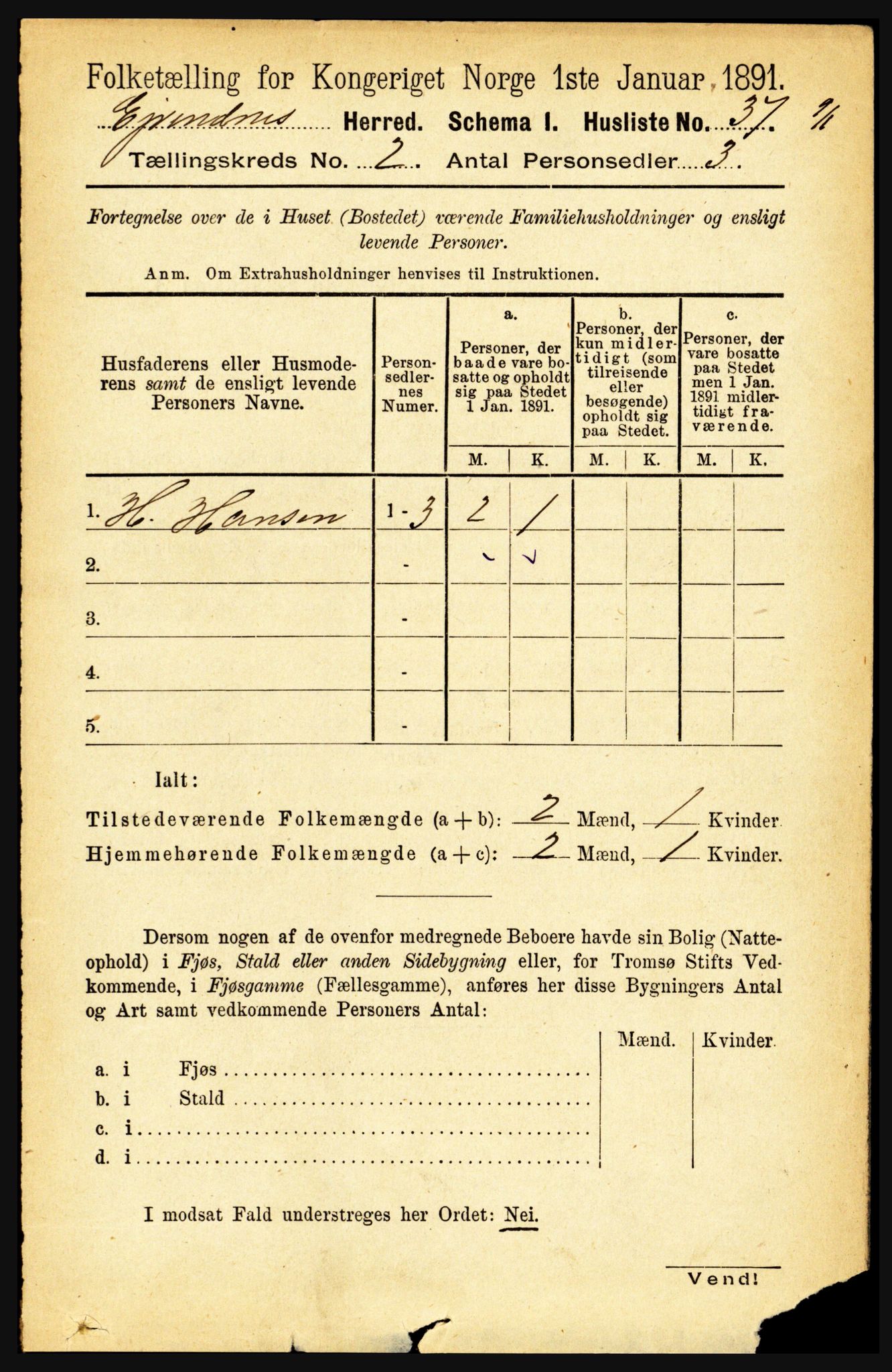 RA, 1891 census for 1853 Evenes, 1891, p. 421