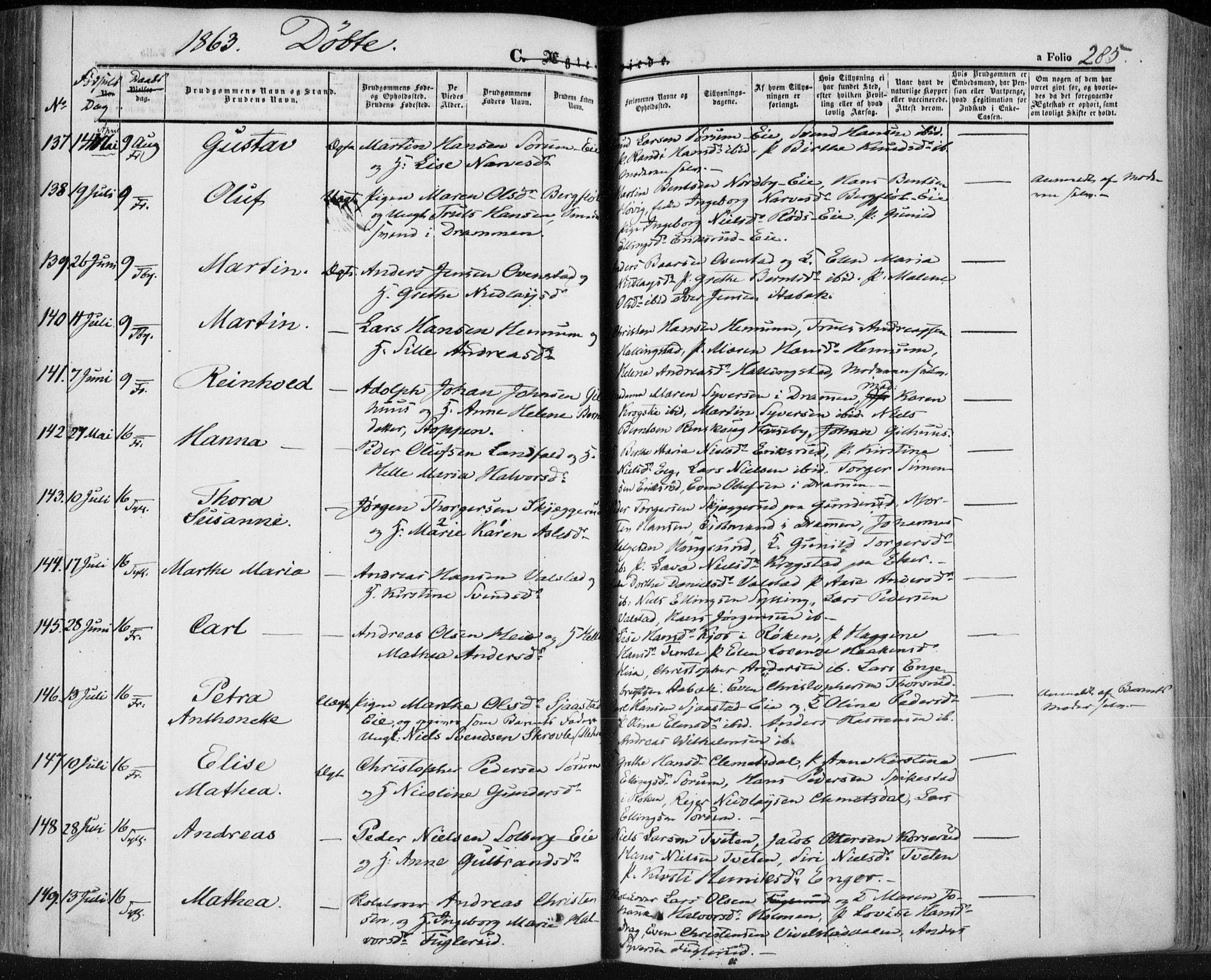 Lier kirkebøker, AV/SAKO-A-230/F/Fa/L0012: Parish register (official) no. I 12, 1854-1864, p. 285