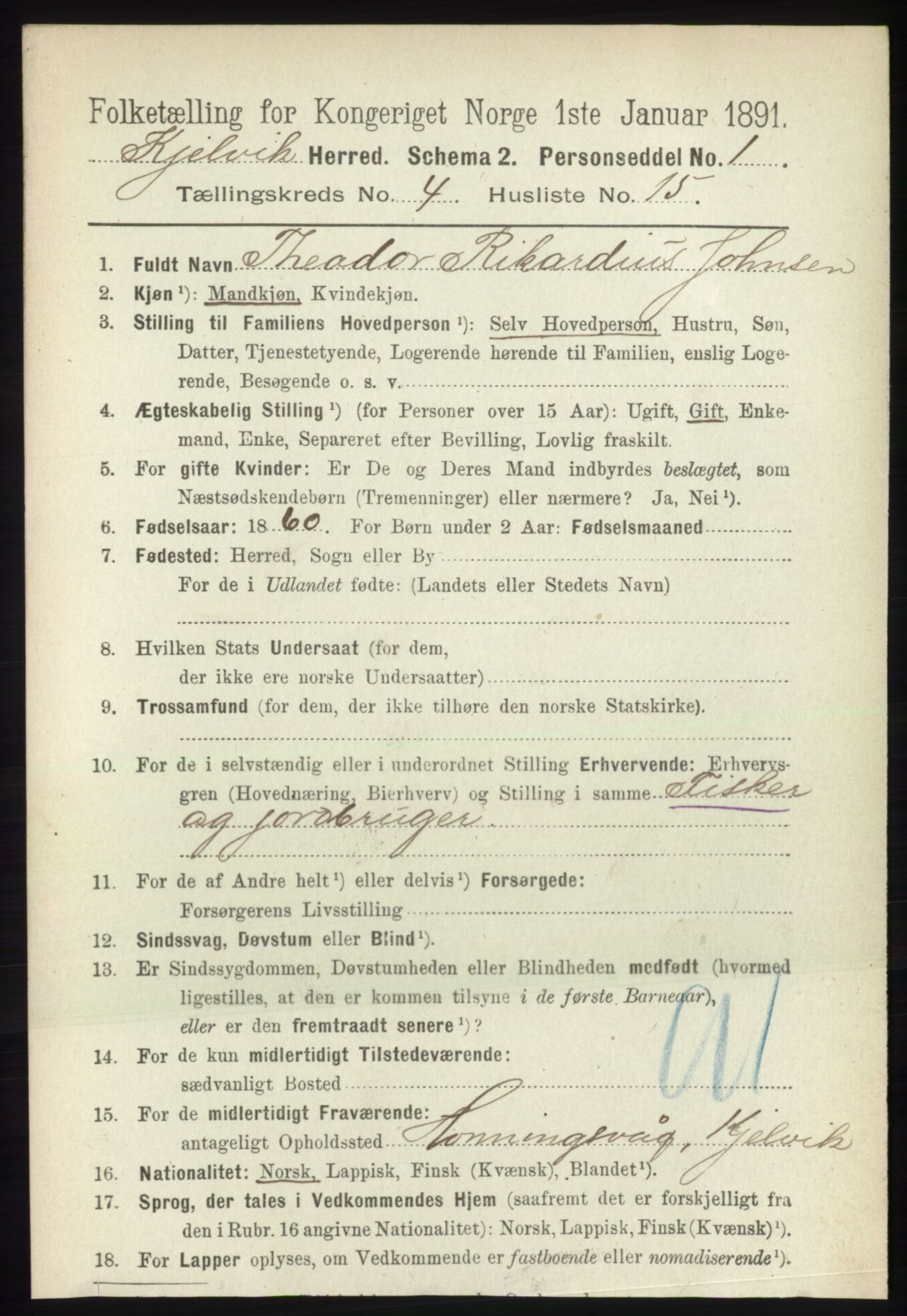 RA, 1891 census for 2019 Kjelvik, 1891, p. 521
