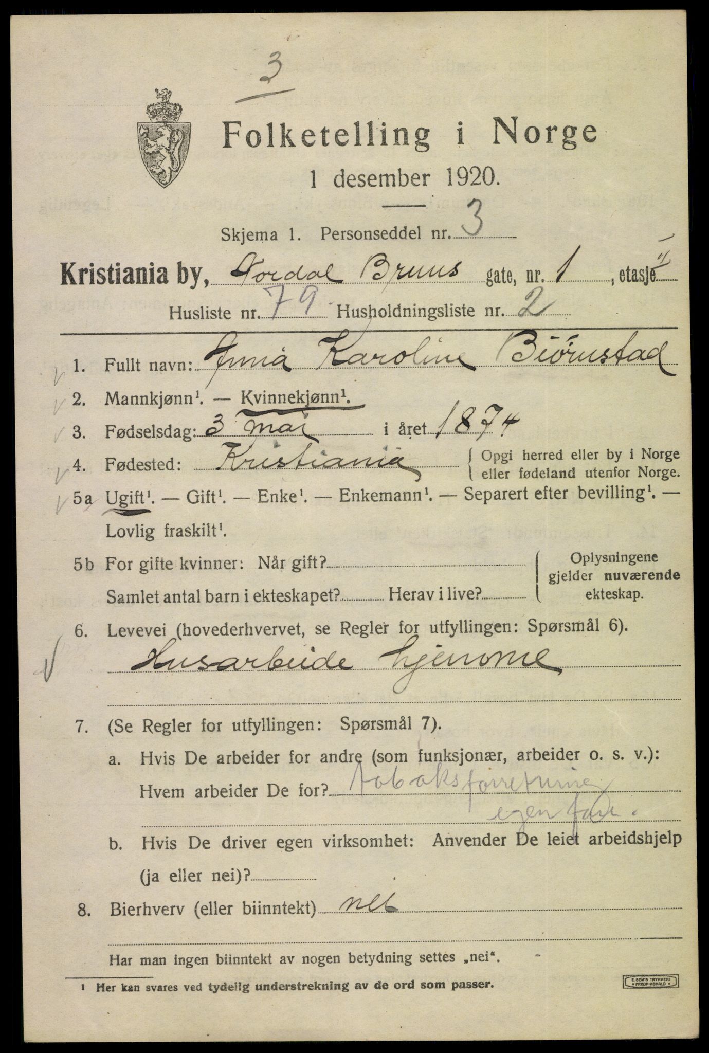 SAO, 1920 census for Kristiania, 1920, p. 420923