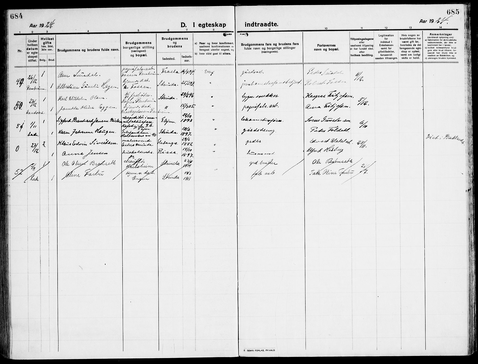 Ministerialprotokoller, klokkerbøker og fødselsregistre - Sør-Trøndelag, SAT/A-1456/607/L0321: Parish register (official) no. 607A05, 1916-1935, p. 684-685