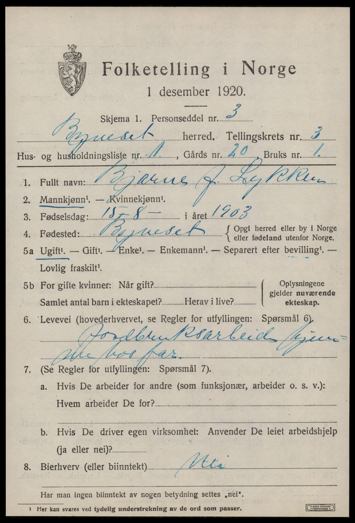 SAT, 1920 census for Byneset, 1920, p. 1630