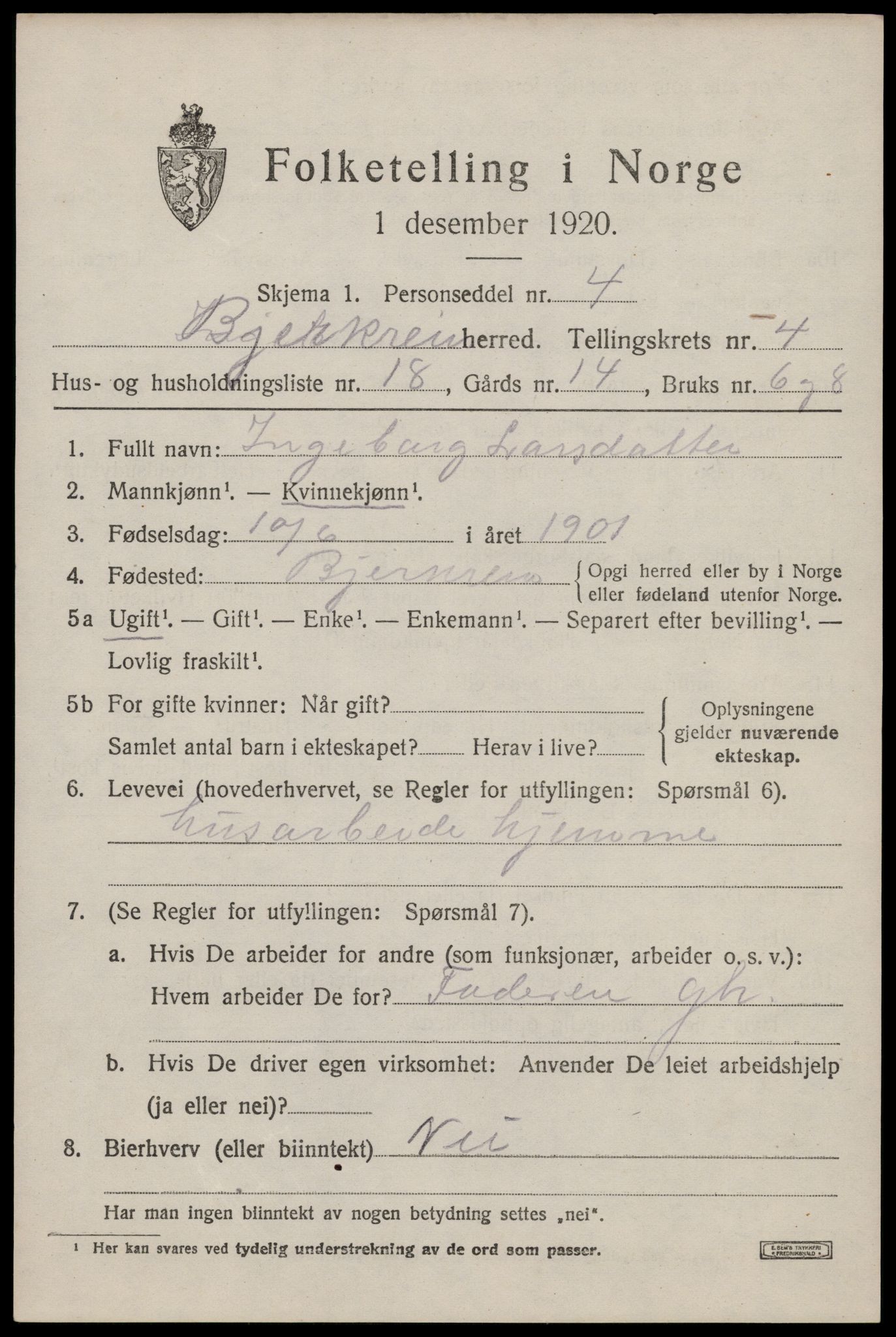 SAST, 1920 census for Bjerkreim, 1920, p. 1984