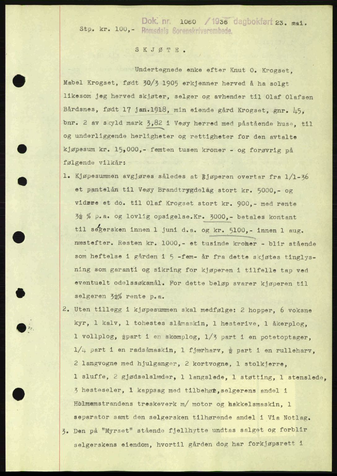 Romsdal sorenskriveri, AV/SAT-A-4149/1/2/2C: Mortgage book no. A1, 1936-1936, Diary no: : 1060/1936