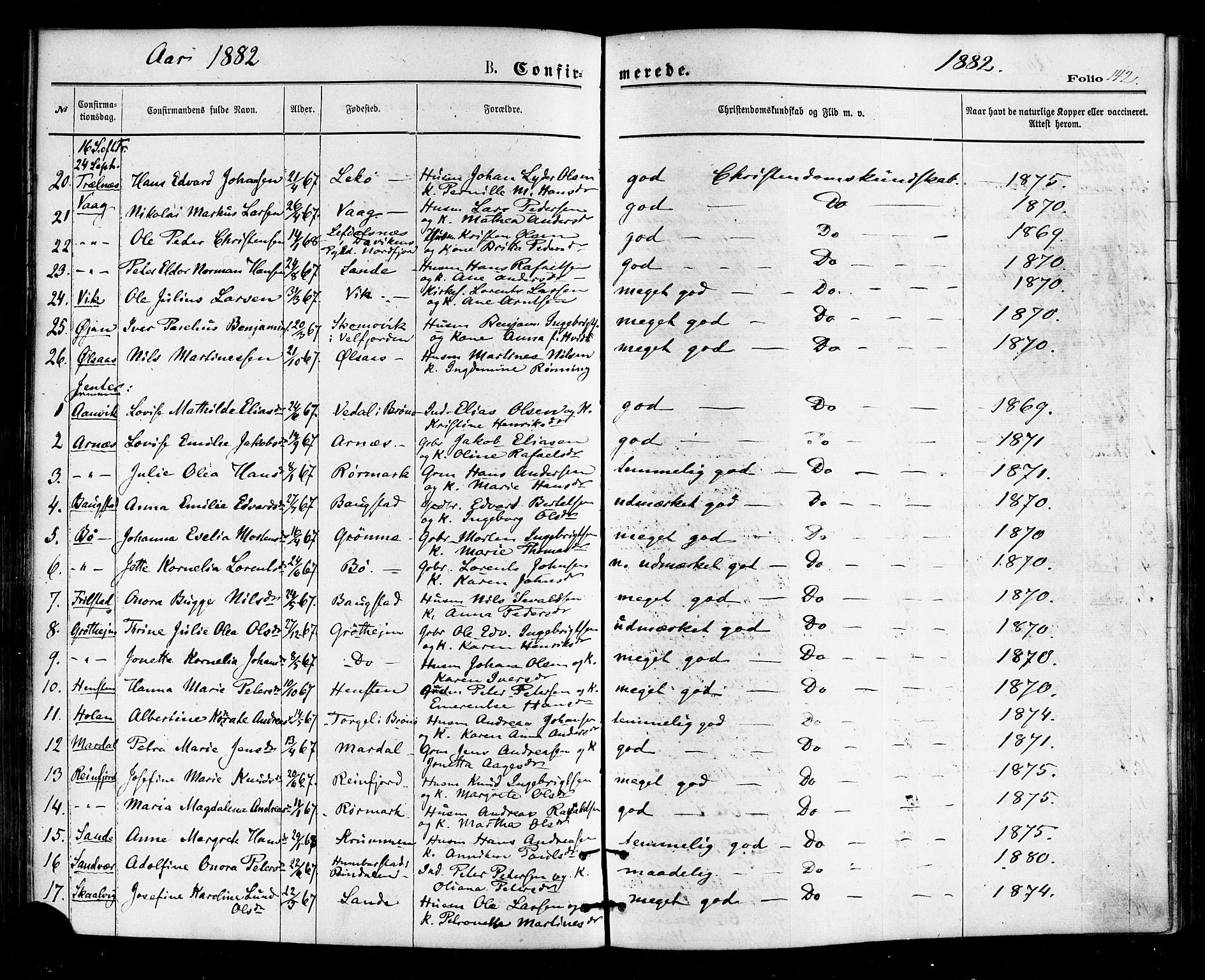 Ministerialprotokoller, klokkerbøker og fødselsregistre - Nordland, AV/SAT-A-1459/812/L0177: Parish register (official) no. 812A06, 1875-1885, p. 142