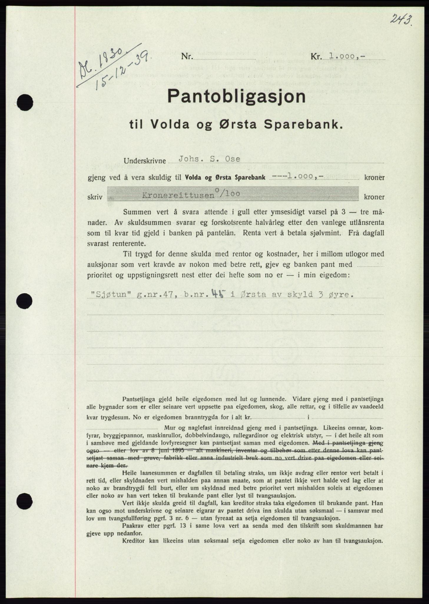 Søre Sunnmøre sorenskriveri, AV/SAT-A-4122/1/2/2C/L0069: Mortgage book no. 63, 1939-1940, Diary no: : 1830/1939