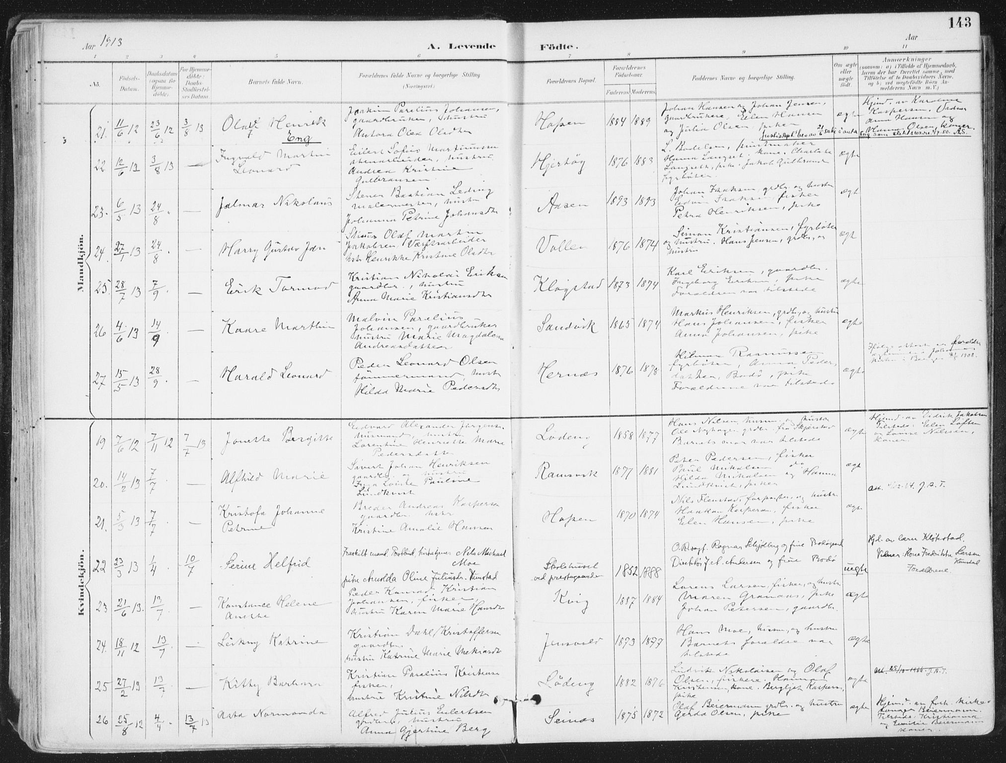 Ministerialprotokoller, klokkerbøker og fødselsregistre - Nordland, AV/SAT-A-1459/802/L0055: Parish register (official) no. 802A02, 1894-1915, p. 143