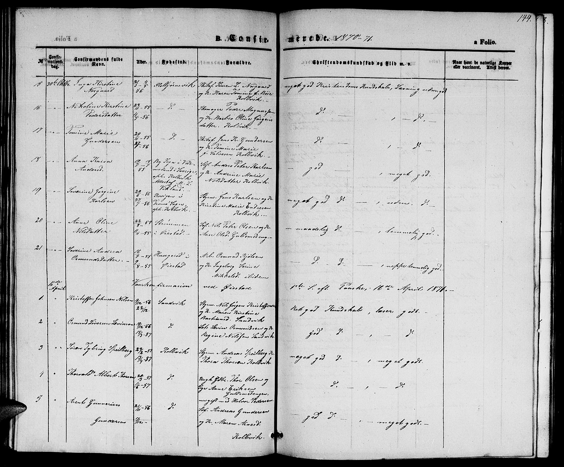 Hisøy sokneprestkontor, SAK/1111-0020/F/Fb/L0001: Parish register (copy) no. B 1, 1849-1872, p. 144