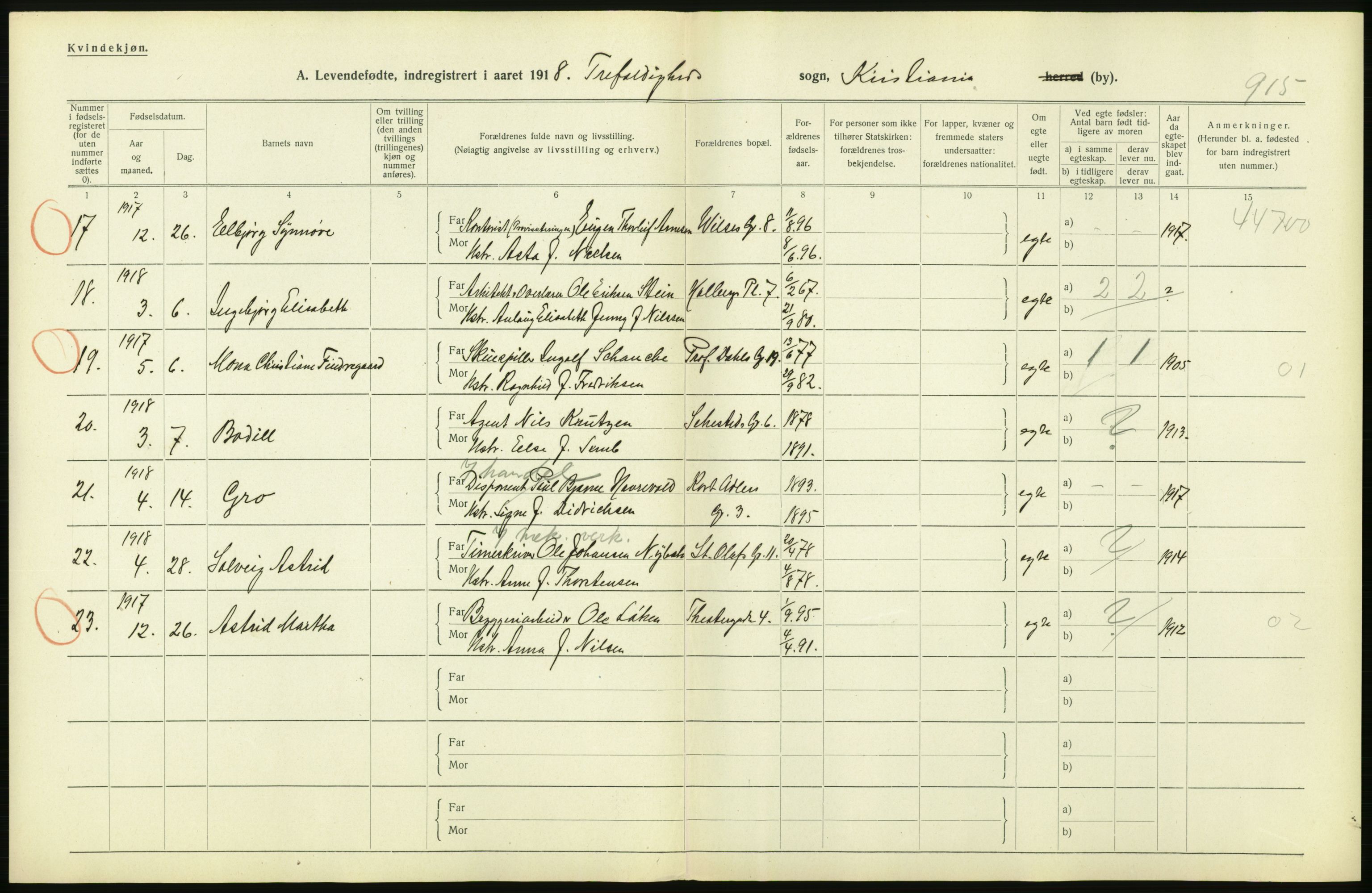 Statistisk sentralbyrå, Sosiodemografiske emner, Befolkning, AV/RA-S-2228/D/Df/Dfb/Dfbh/L0008: Kristiania: Levendefødte menn og kvinner., 1918, p. 286