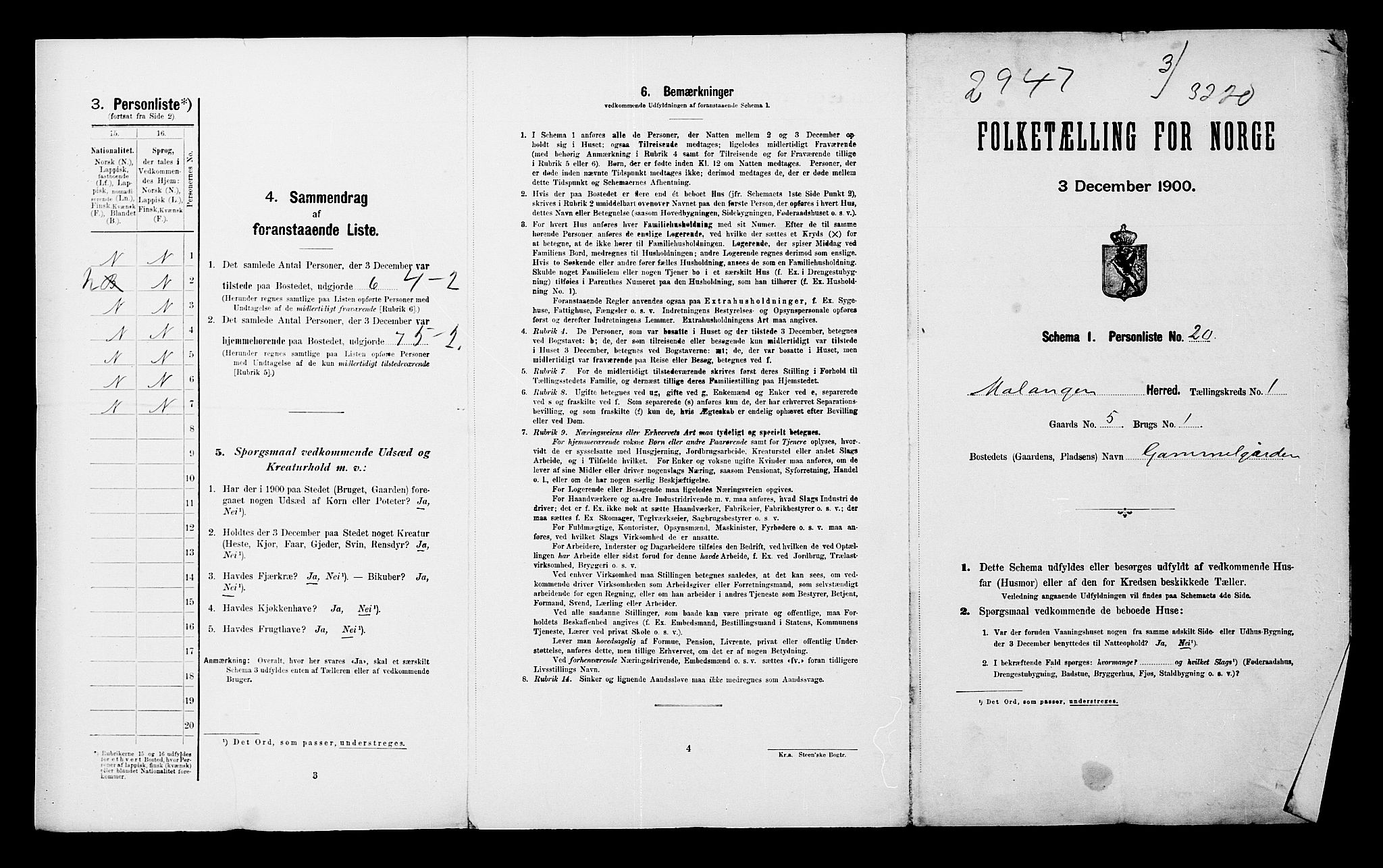 SATØ, 1900 census for Malangen, 1900, p. 20