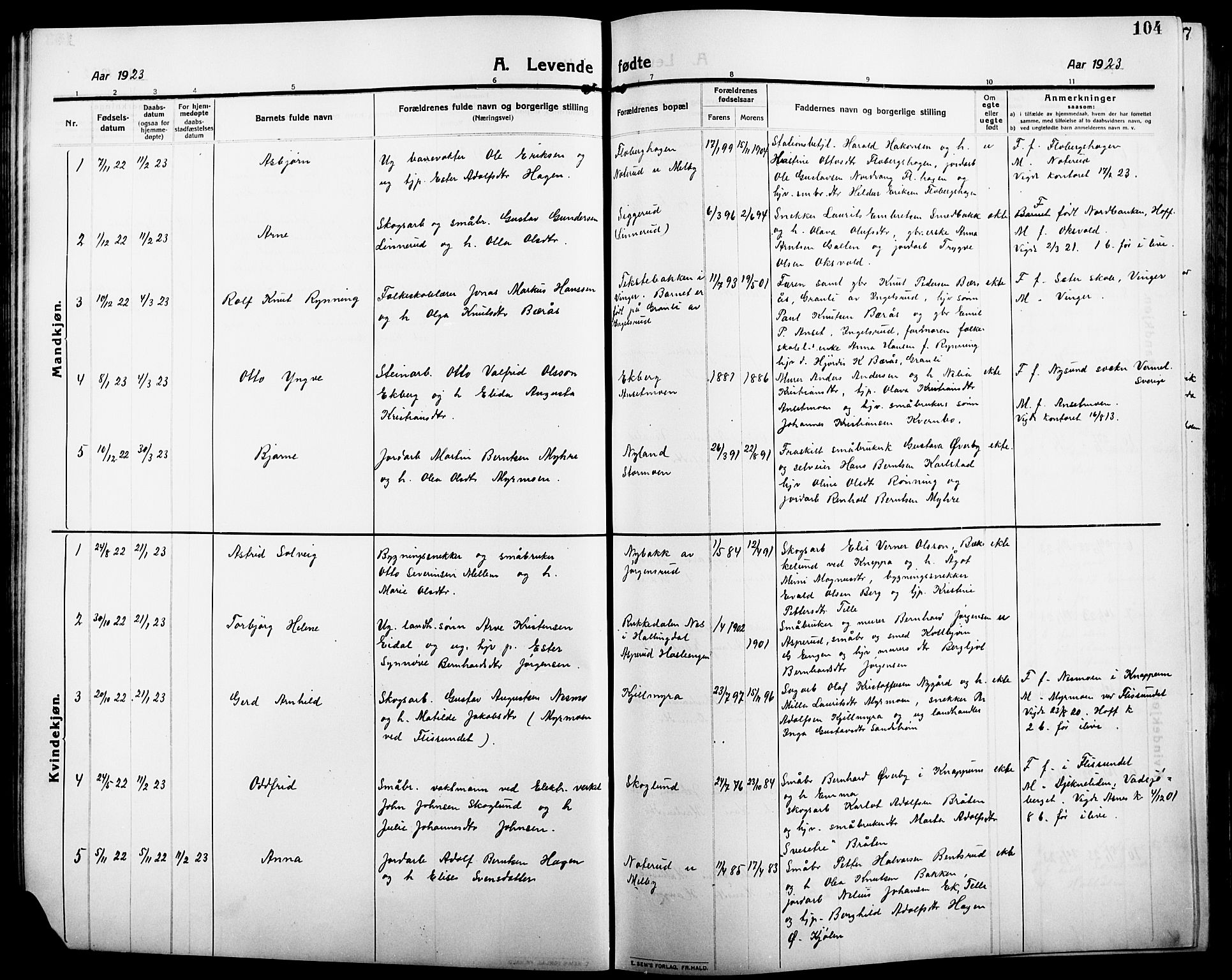 Åsnes prestekontor, AV/SAH-PREST-042/H/Ha/Hab/L0007: Parish register (copy) no. 7, 1909-1926, p. 104