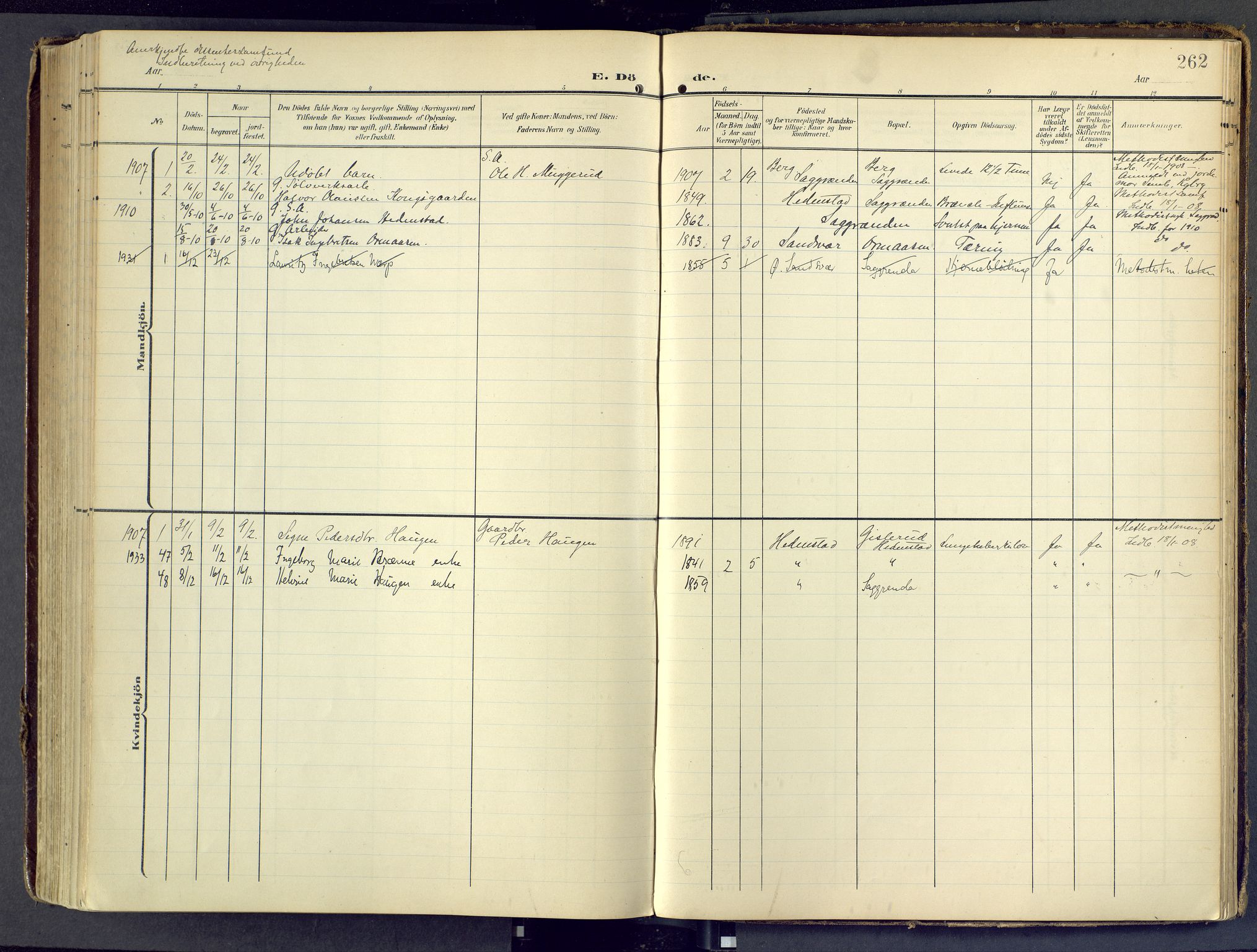 Sandsvær kirkebøker, AV/SAKO-A-244/F/Fd/L0002: Parish register (official) no. IV 2, 1906-1943, p. 262