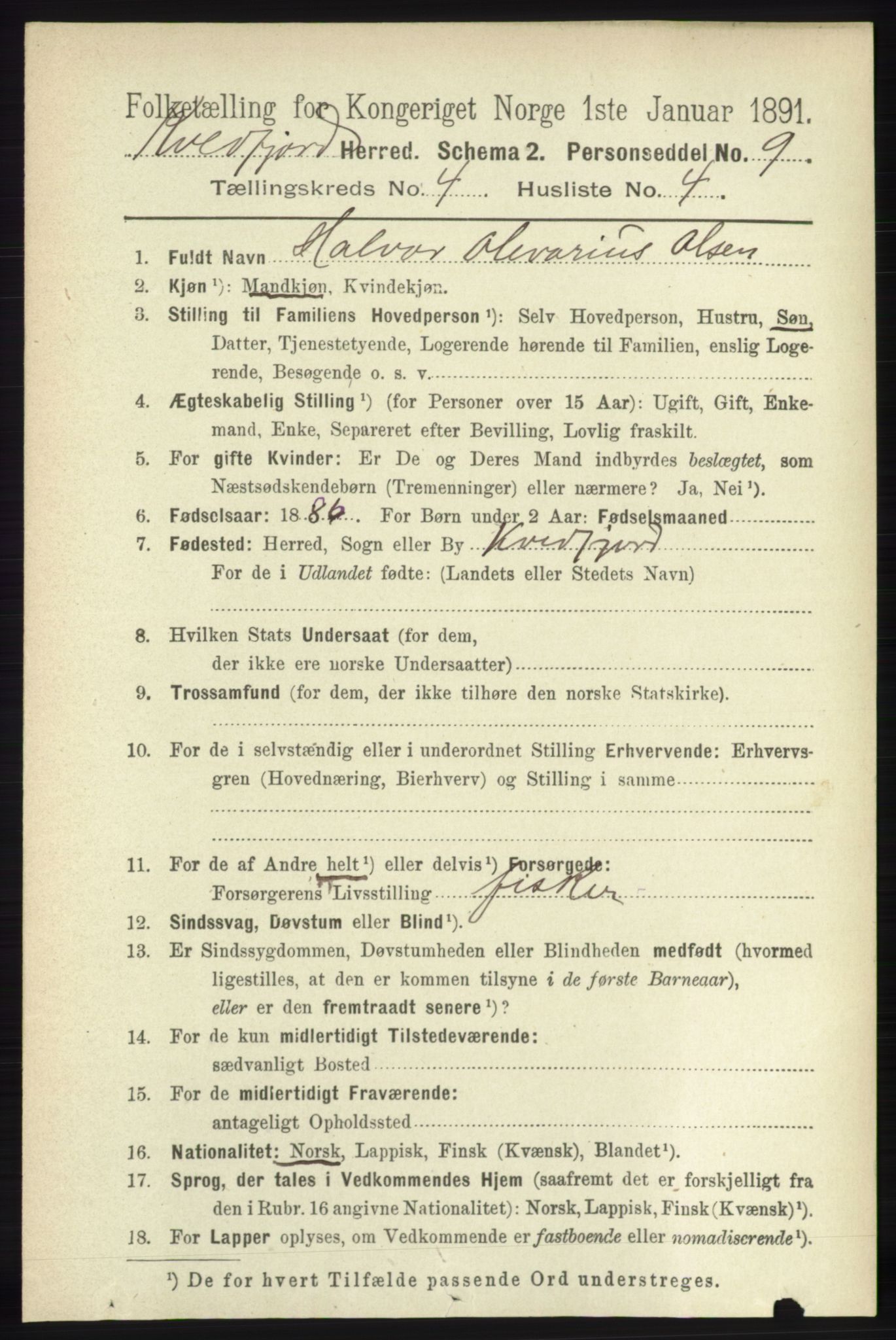 RA, 1891 census for 1911 Kvæfjord, 1891, p. 1912