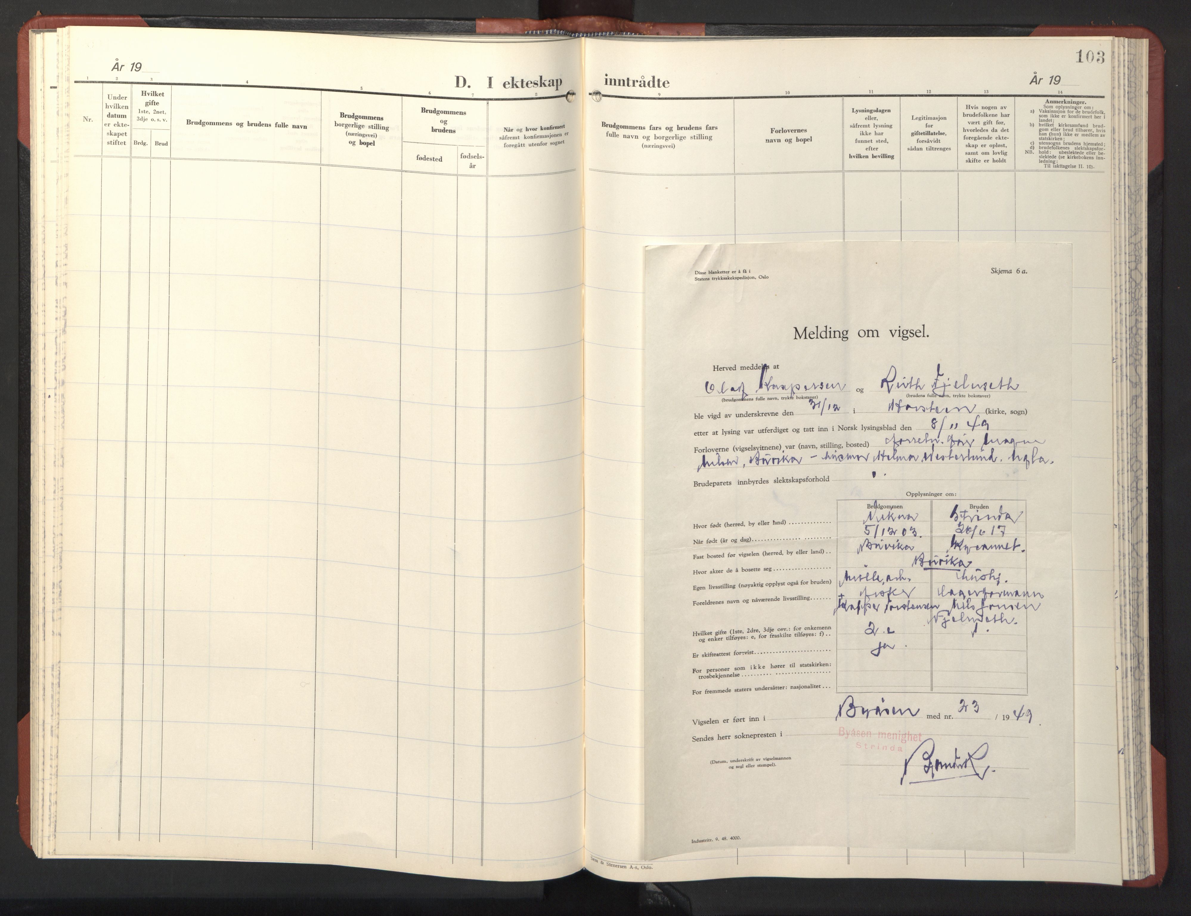 Ministerialprotokoller, klokkerbøker og fødselsregistre - Sør-Trøndelag, SAT/A-1456/611/L0359: Parish register (copy) no. 611C07, 1947-1950, p. 103