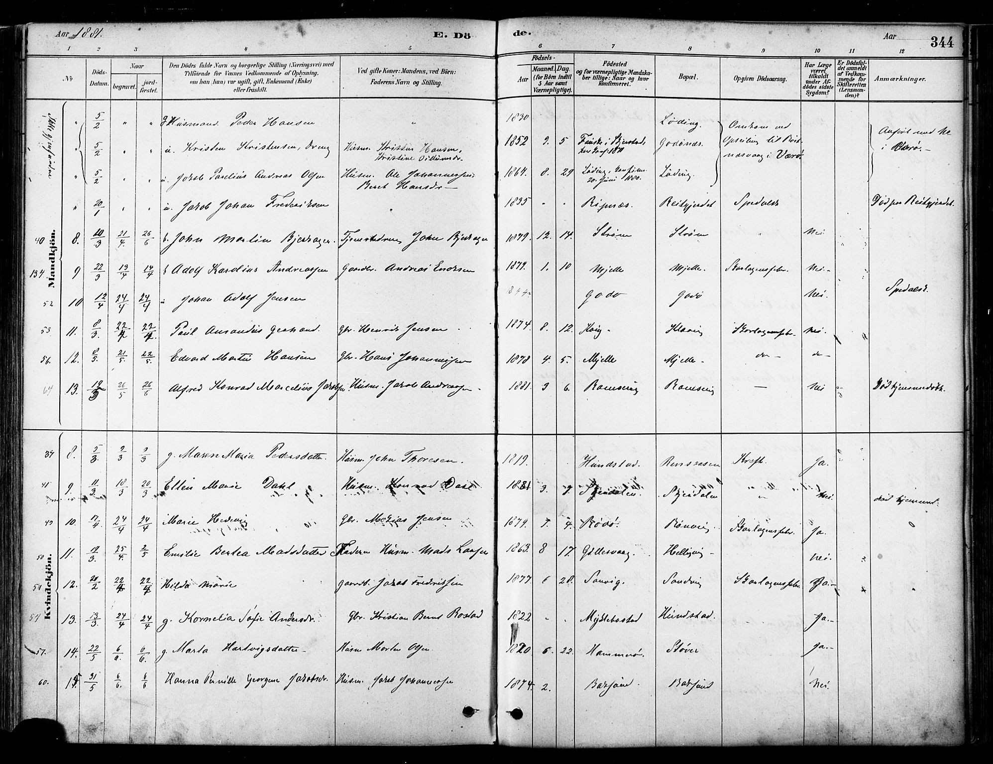 Ministerialprotokoller, klokkerbøker og fødselsregistre - Nordland, AV/SAT-A-1459/802/L0054: Parish register (official) no. 802A01, 1879-1893, p. 344