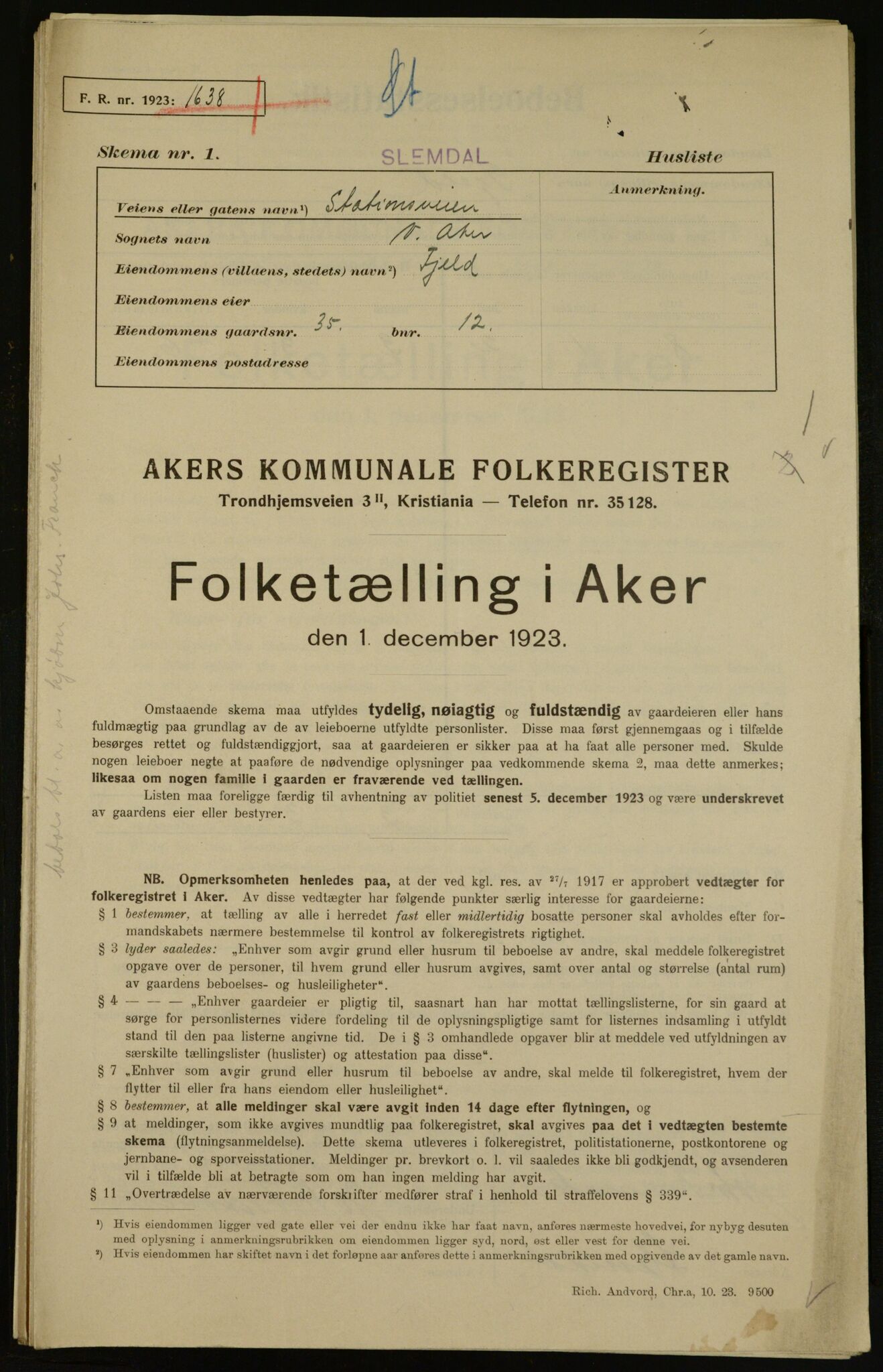 , Municipal Census 1923 for Aker, 1923, p. 18265