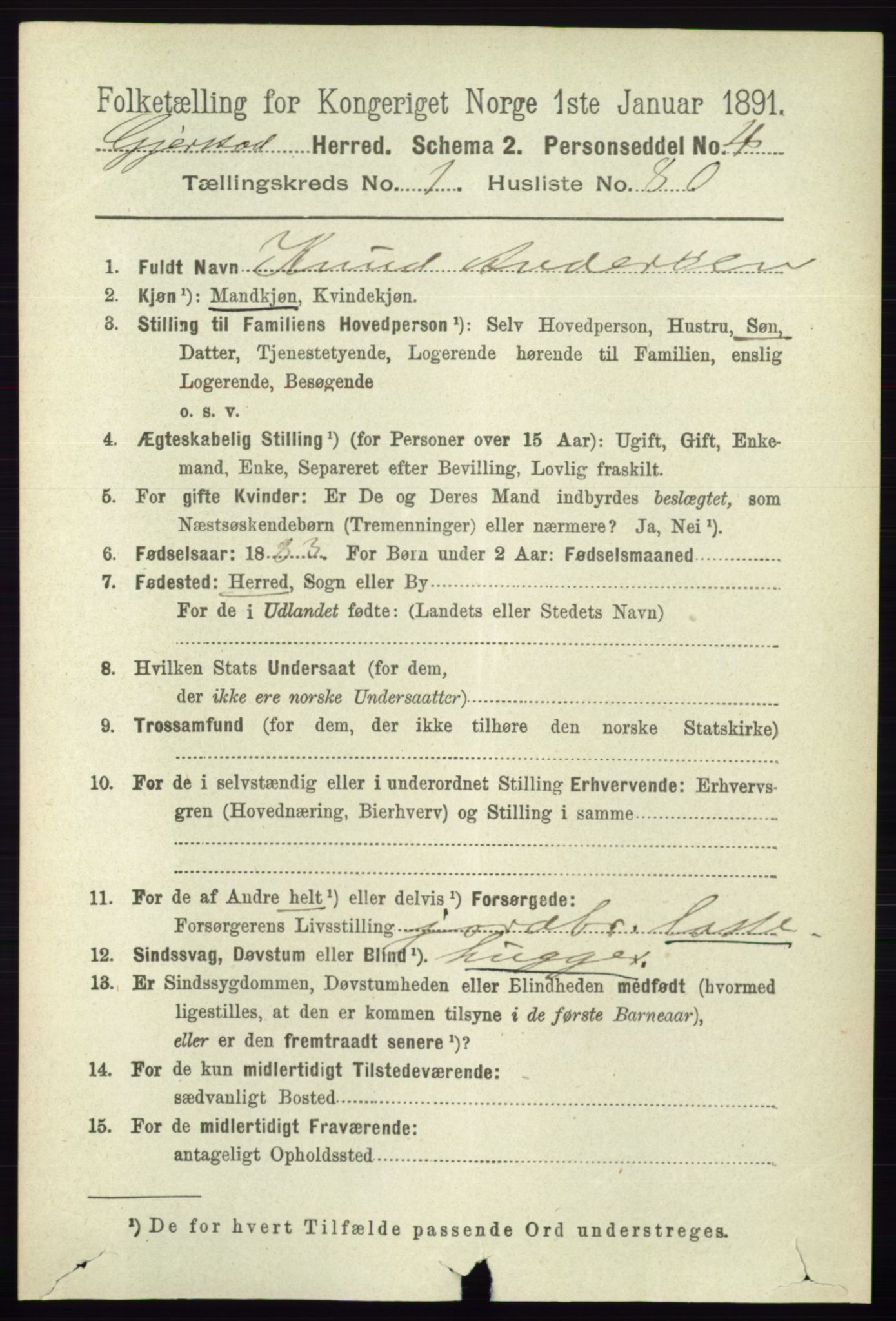 RA, 1891 census for 0911 Gjerstad, 1891, p. 589