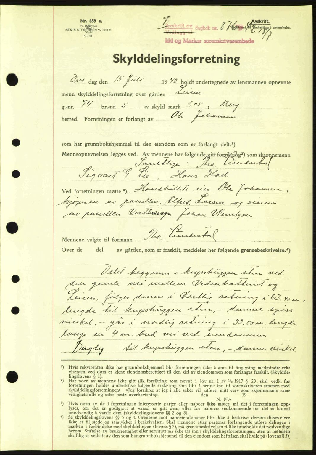 Idd og Marker sorenskriveri, AV/SAO-A-10283/G/Gb/Gbb/L0005: Mortgage book no. A5, 1941-1943, Diary no: : 876/1942