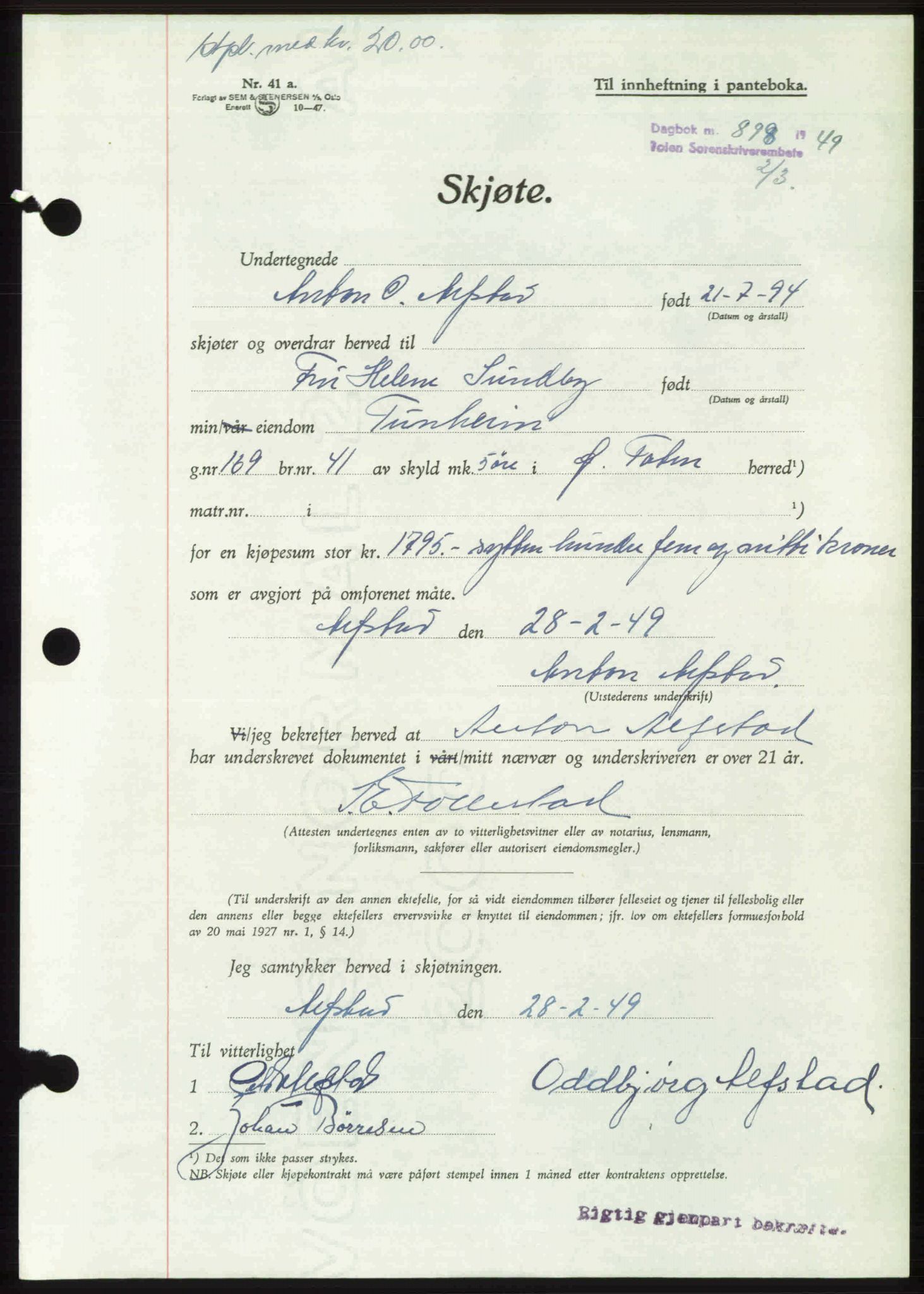 Toten tingrett, AV/SAH-TING-006/H/Hb/Hbc/L0021: Mortgage book no. Hbc-21, 1948-1949, Diary no: : 898/1949