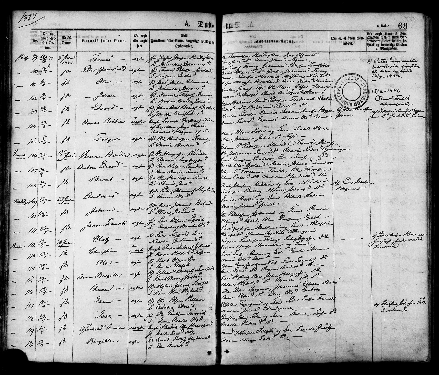 Ministerialprotokoller, klokkerbøker og fødselsregistre - Sør-Trøndelag, AV/SAT-A-1456/646/L0613: Parish register (official) no. 646A11, 1870-1884, p. 68