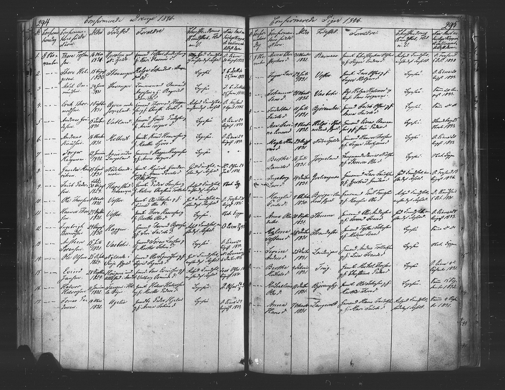 Strand sokneprestkontor, SAST/A-101828/H/Ha/Haa/L0006: Parish register (official) no. A 6, 1834-1854, p. 294-295