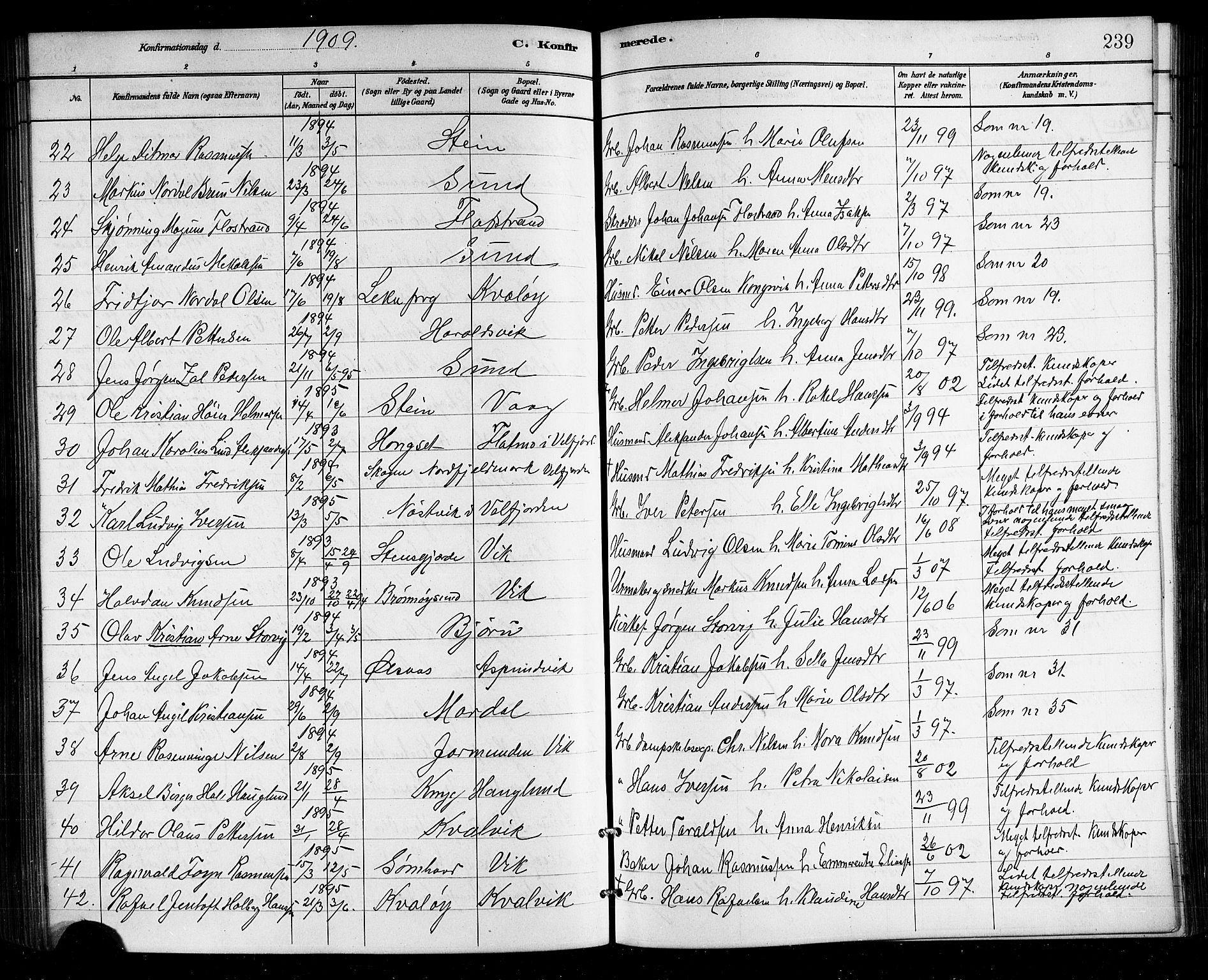 Ministerialprotokoller, klokkerbøker og fødselsregistre - Nordland, SAT/A-1459/812/L0188: Parish register (copy) no. 812C06, 1884-1912, p. 239
