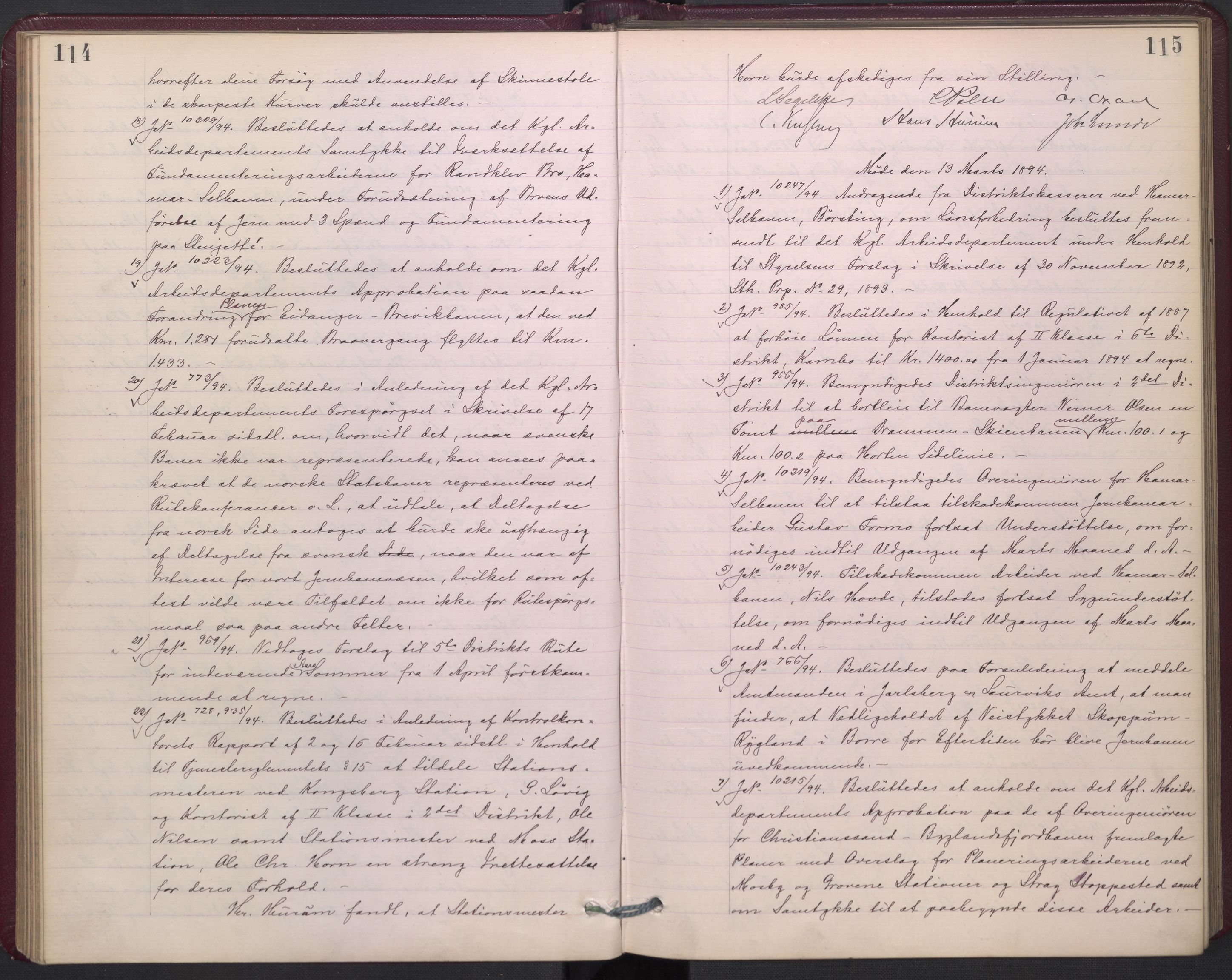 Norges statsbaner, Administrasjons- økonomi- og personalavdelingen, AV/RA-S-3412/A/Aa/L0002a: Forhandlingsprotokoll, 1893-1895, p. 114-115