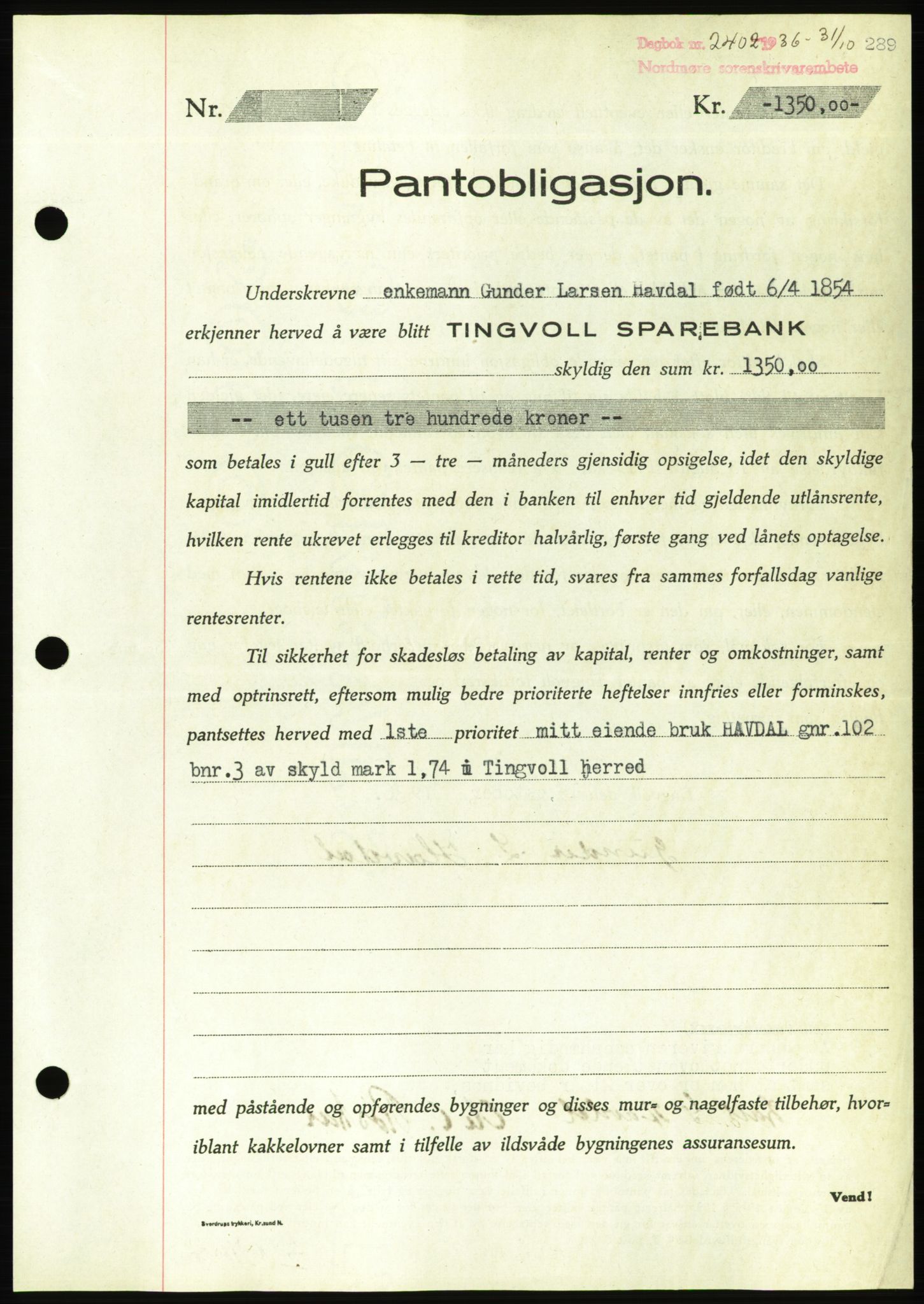 Nordmøre sorenskriveri, AV/SAT-A-4132/1/2/2Ca/L0090: Mortgage book no. B80, 1936-1937, Diary no: : 2402/1936