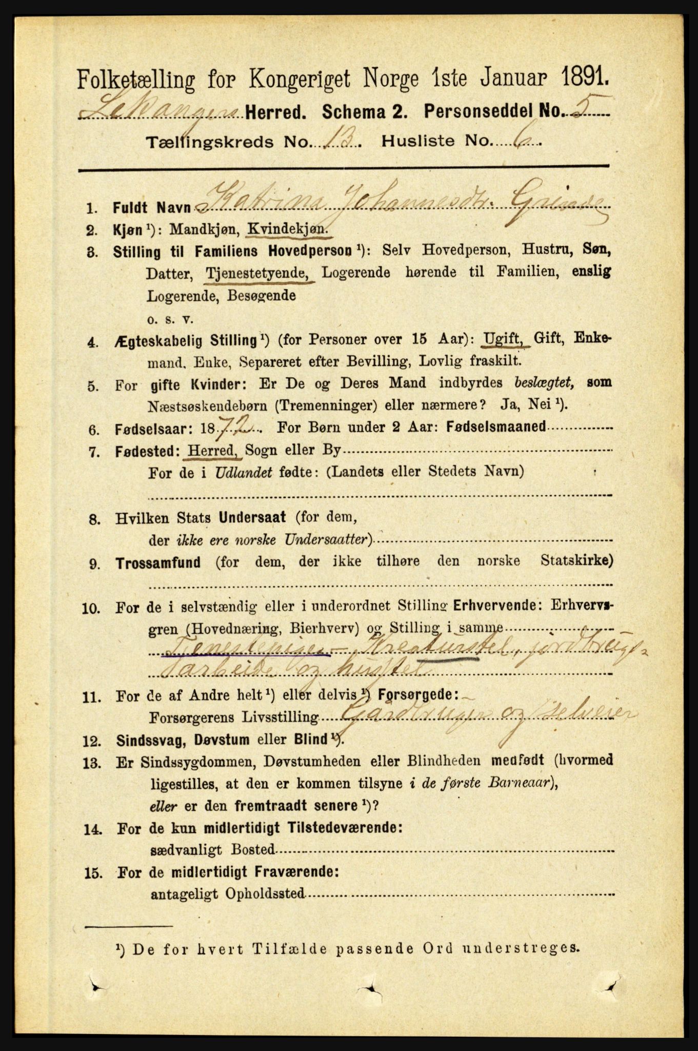 RA, 1891 census for 1419 Leikanger, 1891, p. 2491