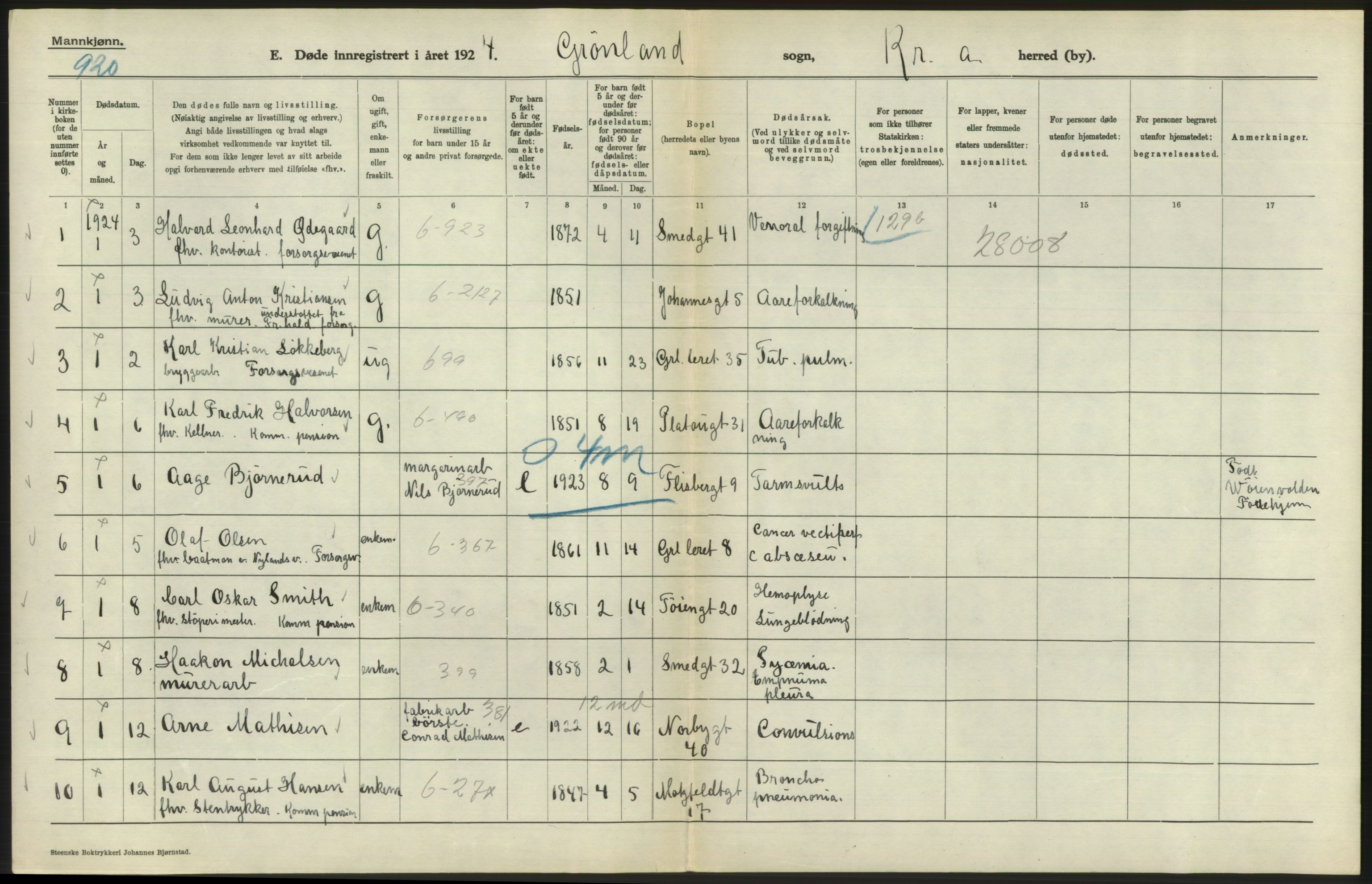 Statistisk sentralbyrå, Sosiodemografiske emner, Befolkning, RA/S-2228/D/Df/Dfc/Dfcd/L0008: Kristiania: Døde menn, 1924, p. 282